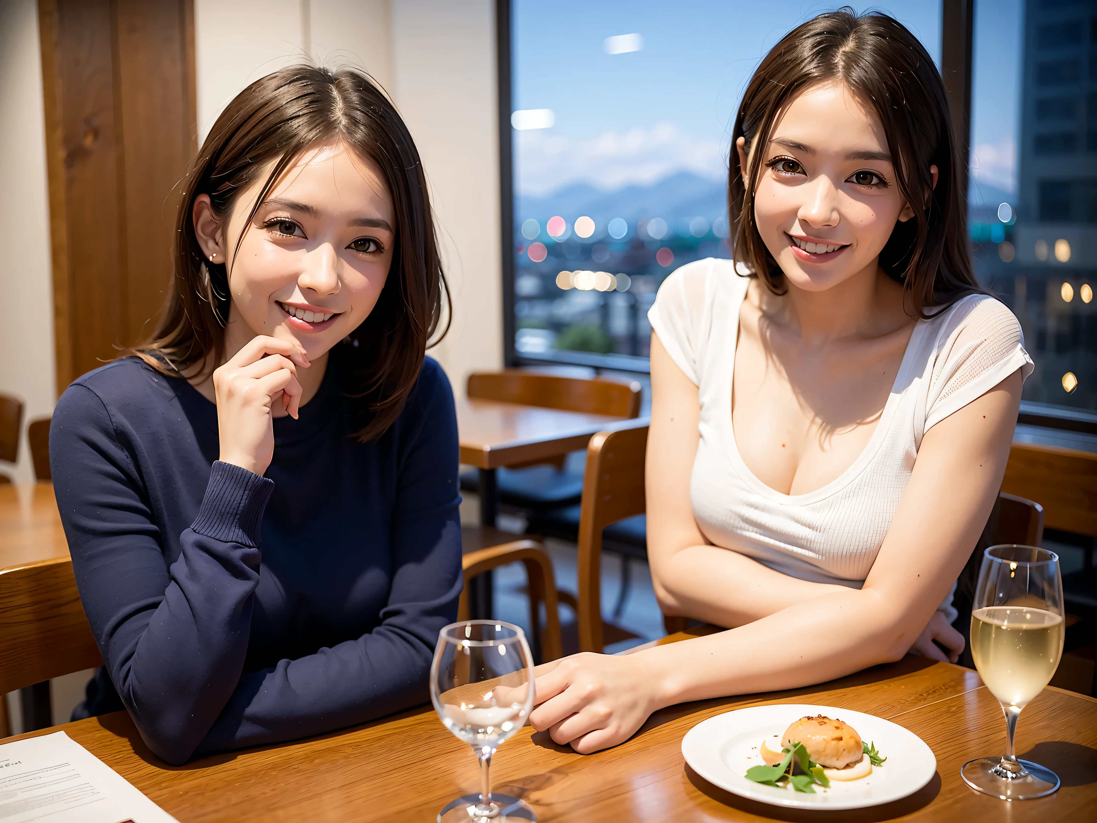 (including 64k, nffsw, highest quality, table top: 1.2), (realistic, photorealistic: 1.37), long sleeve shirt、winter fashion、Colombia、Brazilian、Japanese、Dutch、German、Portuguese、Belgian、Italian、french,champagne、Sparkling wine、 (slimフェイス), (slimボティ), (brown hair), (shortcut), Neat beauty、cheeks blush a little, (35 years old), 38 years old, alone, 窓の外には美しく緻密なnight景が広がります., restaurant, wine glassが座っている, nightに, in a prominent place (from the Upper body) nova frog style, actress, model, Upper body, White wine, slim, wine glass, Super Clean night View, wine glass Put in the Middle, Happy smile, (smile: 1.15), beautiful and detailed eyes, Upper body, bust japan up, night, short, short, actress, model, Upper body, White wine, slim, wine glass, Super Clean night View, wine glass Put in the Middle, Happy smile,