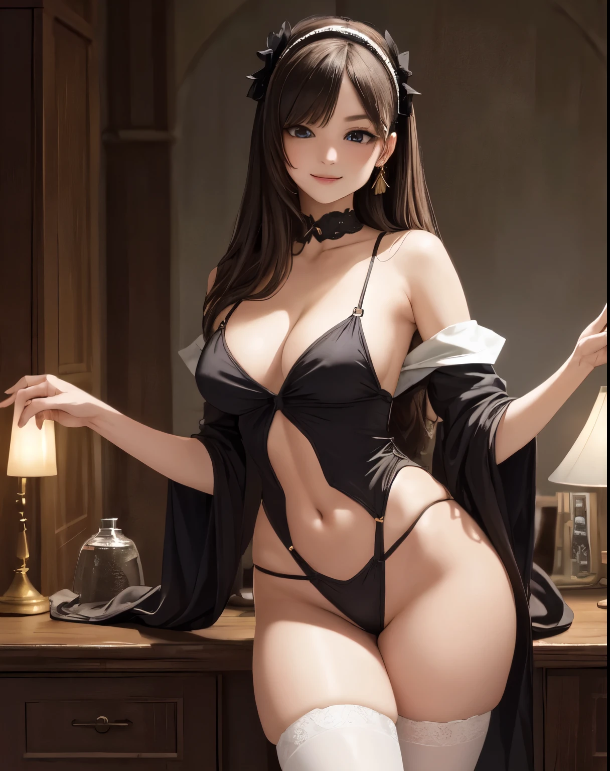 (primitive, Best quality, tmasterpiece:1.5), (photograph realistic, Intricate details:1.2), 超高分辨率, absurderes, 1girll, Beautiful face, Detailed eyes,light in face, ，Silk scarf、Black tights，ssmile，cleavage，（red bow hairband)，long whitr hair，（Brown eyeballs：1.5)，brown  hair，（Off-the-shoulder attire：1.5），Sexual suggestiveness、middlebreast、Big breasts Thin waist、slender leg，Long legs，perfect body figure，perfectly proportions，looking at viewert，（office room，inside in room，Ultra-detailed background：1.2），ssmile，shiny skins, True skin texture, natural  lightting, best illuminate, Background of details