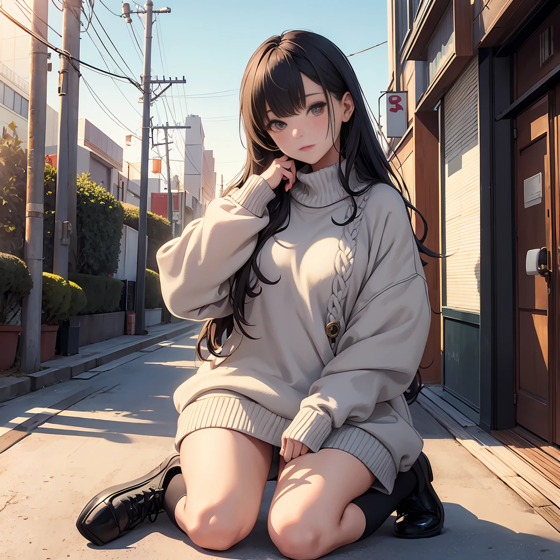 ((masterpiece, highest quality)), detailed face, 1 woman, full body esbian, Full of details, Tokyo, very detailed, depth, beautiful girl，sweater，Oversized clothing, knee high socks, High Balance, sun，Natural light，pastel colour