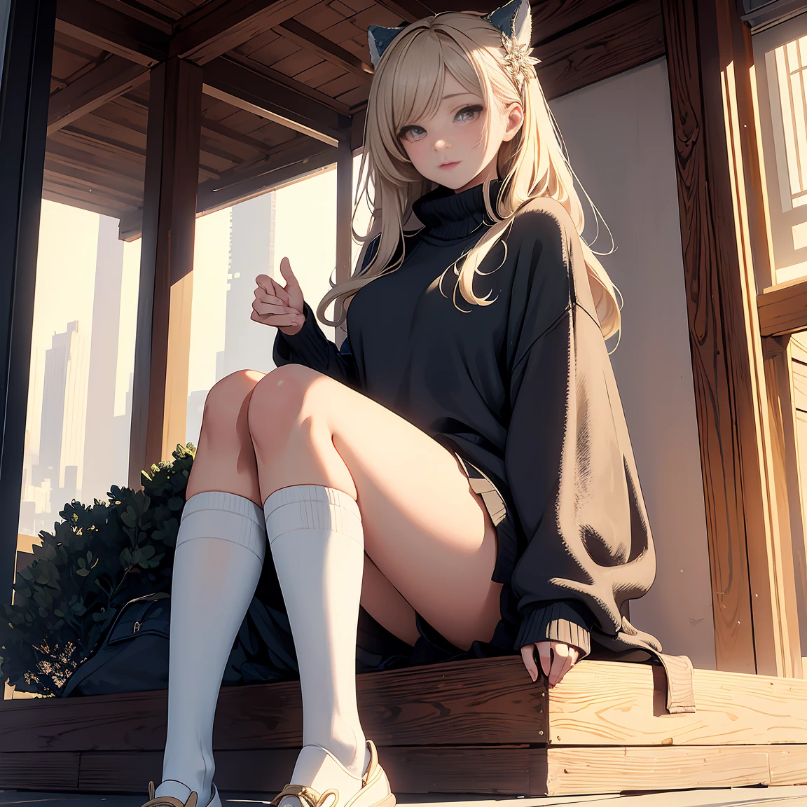 ((masterpiece, highest quality)), detailed face, 1 woman, full body esbian, Full of details, Tokyo, very detailed, depth, beautiful girl,sweater,Oversized clothing, knee high socks, High Balance, sun,Natural light,pastel colour