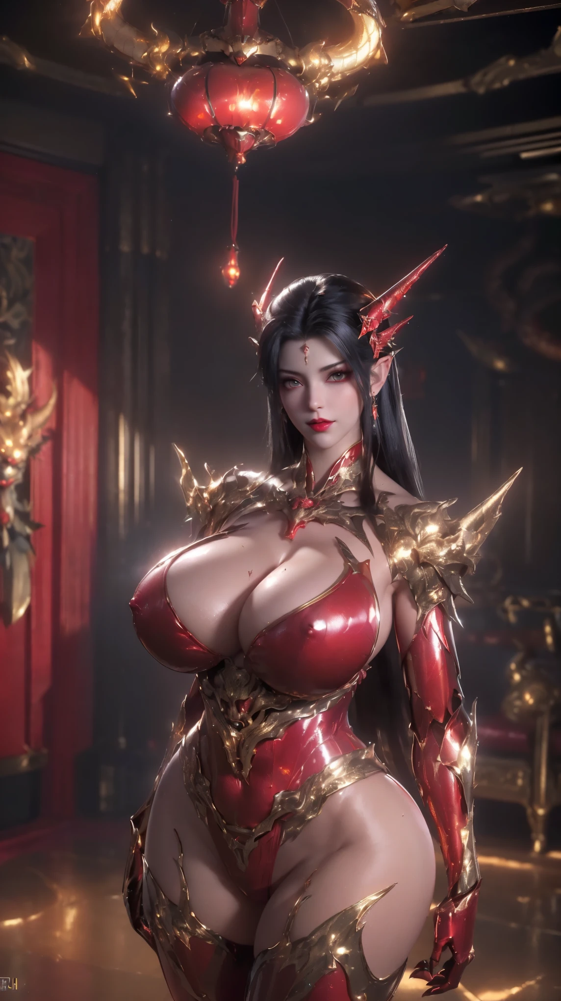 UPPER BODY,CLOSE UP HALF BODY,SOLO,(BEAUTY BKACK COLOR HAIR,GOLDEN DRAGON HORN:1), (GIGANTIC FAKE BREASTS,BUSTY,CLEAVAGE,MUSCLE ABS,NSFW:1.5), ((WEARING OUTFIT RED DRAGON,BLACK SKINTIGHT SHINY MODERN FUTURISTIC MECHA SKIMPY BIKINI:1.5)),(CURVY VOLUPTUOUS BODY MATURE WOMAN:1.5), (SWEATY GLOSSY BODYSKIN:1.5), (LOOKING AT VIEWER:1.6),(HALLROOM OF FUTURISTIC SPACE STATION:1), (PHOTOREALSITIC:1.4), (ULTRA-DETAILLIERT), (TOP-QUALITY), (BEST SHADOWS), (​MASTERPIECE), BRIGHT LIGHT IN ROOM, HYPER TEXTURE, (4X MSAA), ((UNREAL ENGINE 5 RENDER)), PHYSICALLY-BASED RENDERING, ULTRA HIGHT DEFINITION, 16K, 1080P.