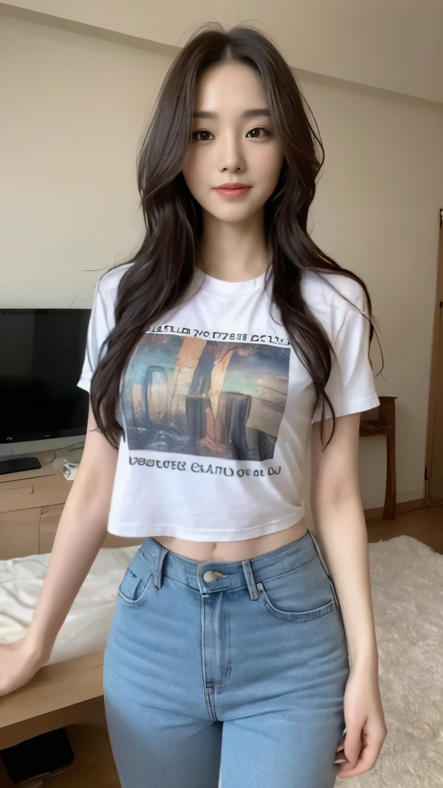 ((top-quality、8k、​masterpiece:1.3))、Beautiful woman with perfect body:1.4、slim abdomen:1.2、Longhair, normal breast, Highly detailed facial and skin texture, A detailed eye, (smile), (full body shot), ((computer room)), (standing), (((wearing t-shirt with long pants), looking in front