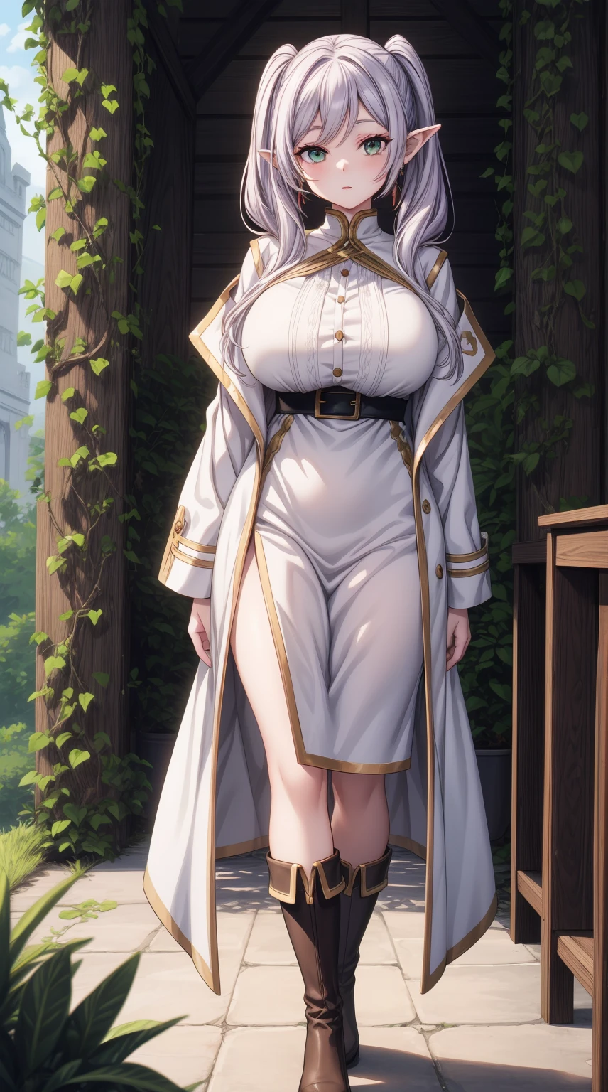 anime female character in white outfit with white coat,
BREAK
, elf, white hair, grey hair, earrings, pointy ears, long hair, ponytail, green eyes, twintails, parted bangs, thick eyebrows, (Beautiful,Huge_Breasts:1.3),
BREAK
, 1girl, solo, Standing in the garden, full body, full figure,
BREAK
, A breathtakingly beautiful garden filled with vibrant flowers, lush green plants, and a crystal-clear pond. The air is filled with the sweet scent of blooming flowers, and rays of golden sunlight gently filter through the leaves, creating a magical atmosphere,
BREAK
, white outfit with white coat, green boots, brown footwear
BREAK
, beautiful detailed eyes, beautiful detailed lips, extremely detailed eyes and face, long eyelashes,
BREAK
, medium: oil painting, atmospheric lighting, dreamy color palette, detailed interior decoration, quiet and peaceful ambiance,
BREAK
, (best quality,4k,8k,highres,masterpiece:1.2), ultra-detailed,