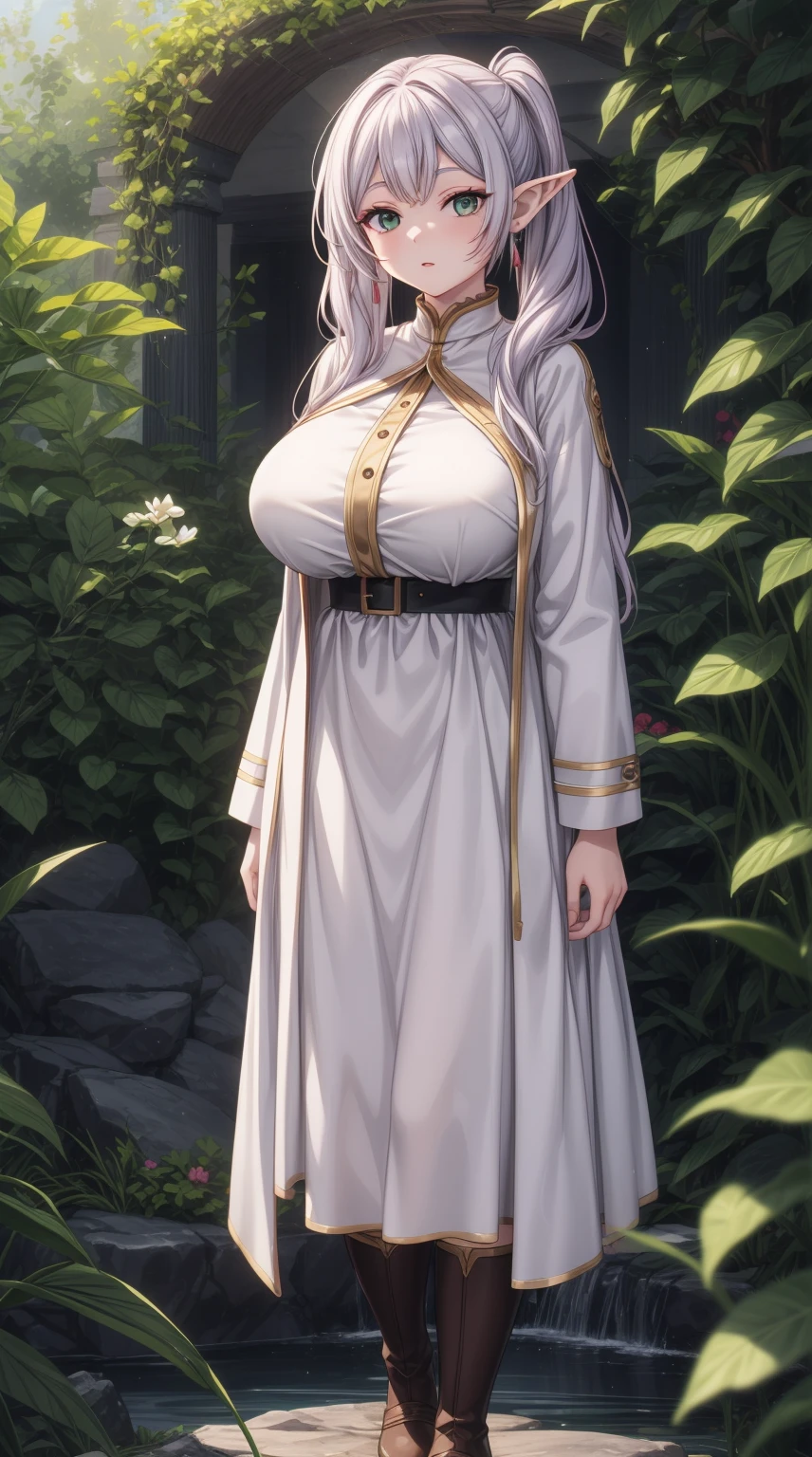 anime female character in white outfit with white coat,
BREAK
, elf, white hair, grey hair, earrings, pointy ears, long hair, ponytail, green eyes, twintails, parted bangs, thick eyebrows, (Beautiful,Huge_Breasts:1.3),
BREAK
, 1girl, solo, Standing in the garden, full body, full figure,
BREAK
, A breathtakingly beautiful garden filled with vibrant flowers, lush green plants, and a crystal-clear pond. The air is filled with the sweet scent of blooming flowers, and rays of golden sunlight gently filter through the leaves, creating a magical atmosphere, 
BREAK
, white outfit with white coat, green boots, brown footwear
BREAK
, beautiful detailed eyes, beautiful detailed lips, extremely detailed eyes and face, long eyelashes,
BREAK
, medium: oil painting, atmospheric lighting, dreamy color palette, detailed interior decoration, quiet and peaceful ambiance,
BREAK
, (best quality,4k,8k,highres,masterpiece:1.2), ultra-detailed,