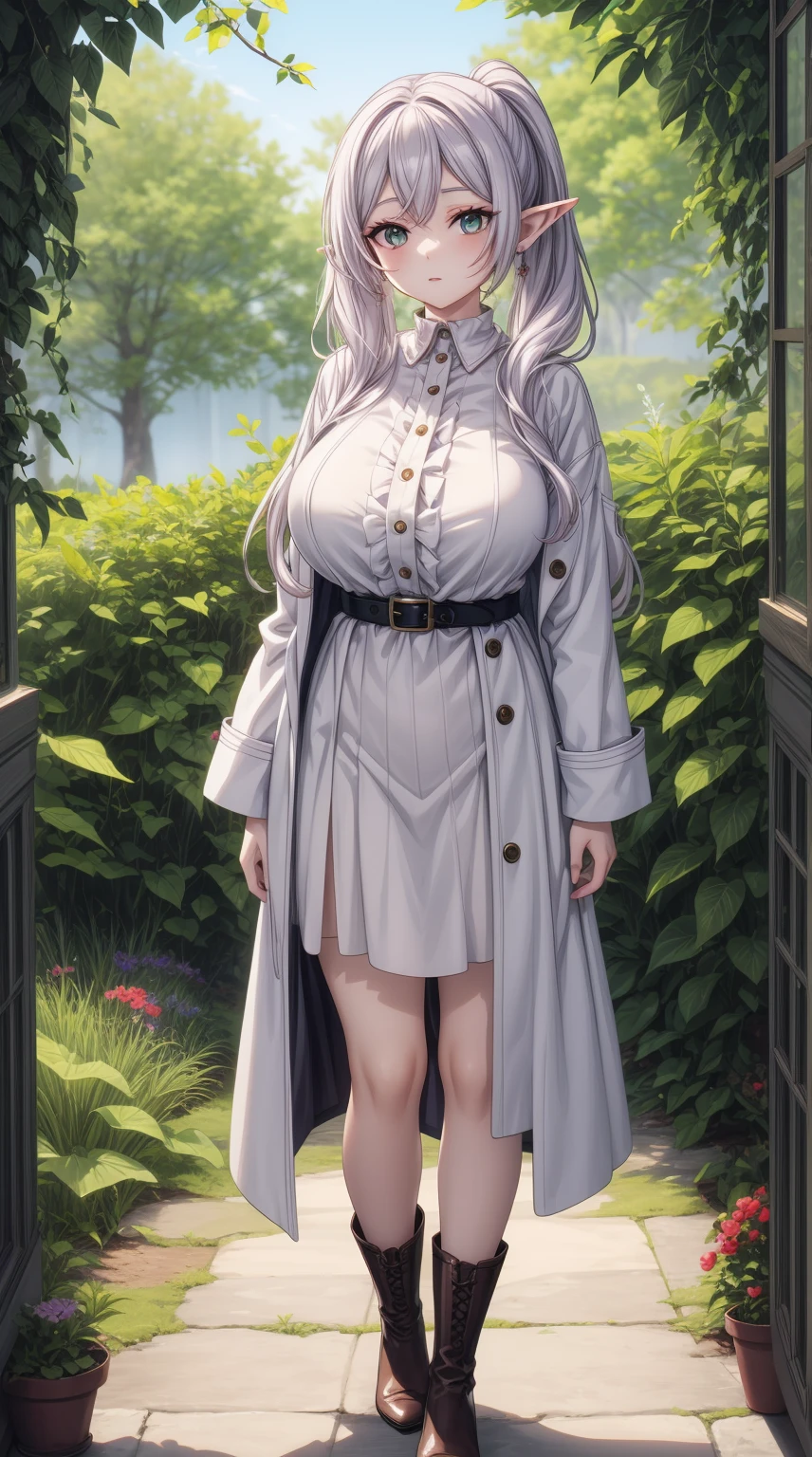 anime female character in white outfit with white coat,
BREAK
, elf, white hair, grey hair, earrings, pointy ears, long hair, ponytail, green eyes, twintails, parted bangs, thick eyebrows, (Beautiful,Huge_Breasts:1.3),
BREAK
, 1girl, solo, Standing in the garden, full body, full figure,
BREAK
, A breathtakingly beautiful garden filled with vibrant flowers, lush green plants, and a crystal-clear pond. The air is filled with the sweet scent of blooming flowers, and rays of golden sunlight gently filter through the leaves, creating a magical atmosphere,
BREAK
, white outfit with white coat, green boots, brown footwear
BREAK
, beautiful detailed eyes, beautiful detailed lips, extremely detailed eyes and face, long eyelashes,
BREAK
, medium: oil painting, atmospheric lighting, dreamy color palette, detailed interior decoration, quiet and peaceful ambiance,
BREAK
, (best quality,4k,8k,highres,masterpiece:1.2), ultra-detailed,