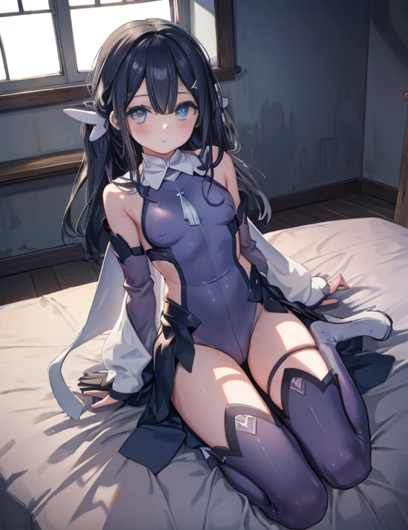 highest quality,sleep on your back in bed，Crab crotch，show me your boots，thigh high boots，leotardチラ見せ，glove，elegant, 1 girl, leotard，body suit，cute, blushed, looking at the viewer, from below, prison，blue eyes, beautiful eyes, beautiful background, particles of light, Light of the sun, dramatic lighting, outside, shiny, realistic, table top, highest quality, Super detailed, get used to it, scenery, beautiful and detailed eyes, thin hair，full body shot，