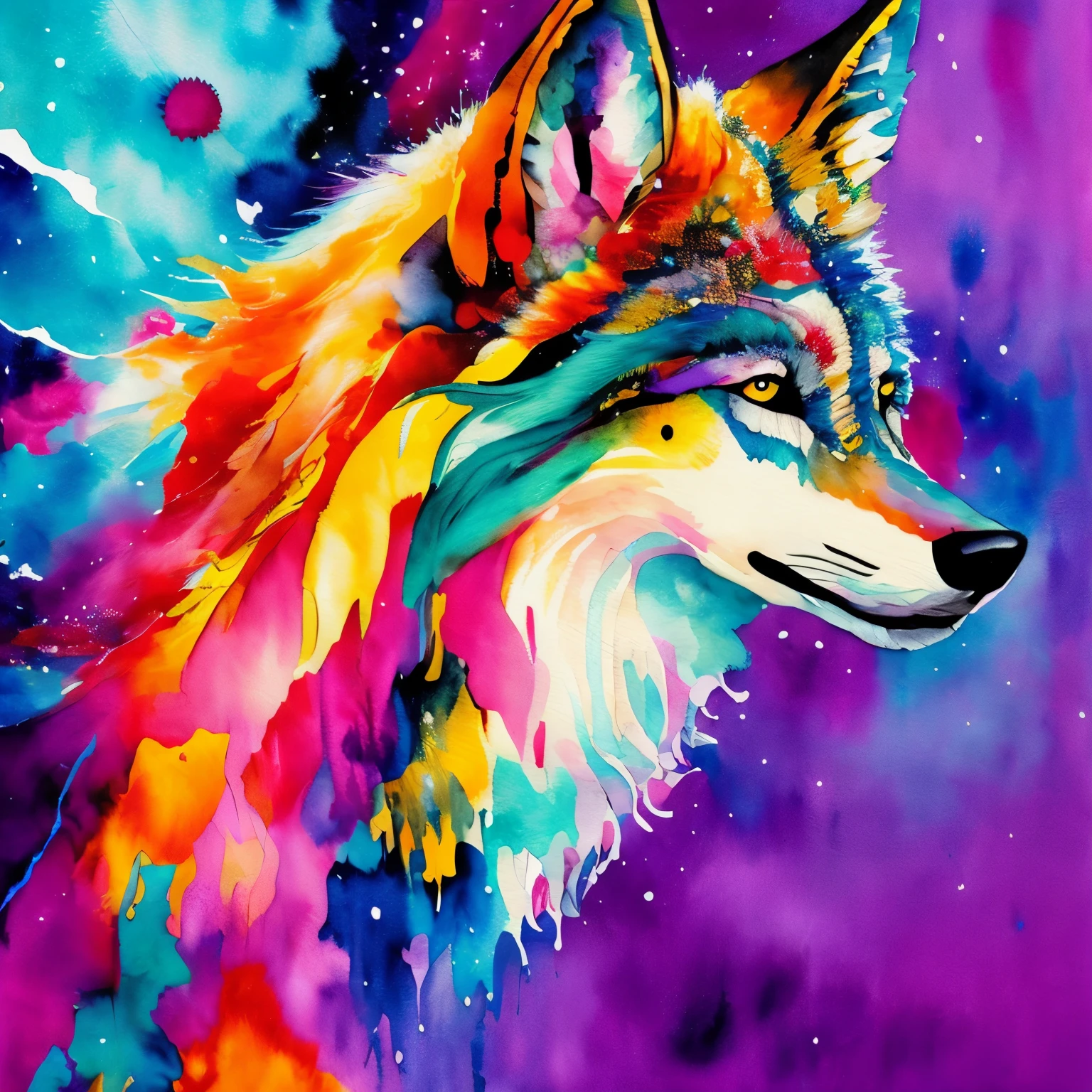 Painting of a howling wolf, howling,  masterpiece, centered, intricate details, detailed, wtrcolor style, paint dripping, intricate details,  spectacular, colourful, official art, masterpiece, Beautiful, ((watercolor)), paint splatter, intricate details. Highly detailed, detailed, [dripping:0.5], Trending on artstation, by Rachel Walker, looking like a real painting,  paint dripping, brush strokes,  extra paint splatters, a lot of paint dripping, paint in the background,
