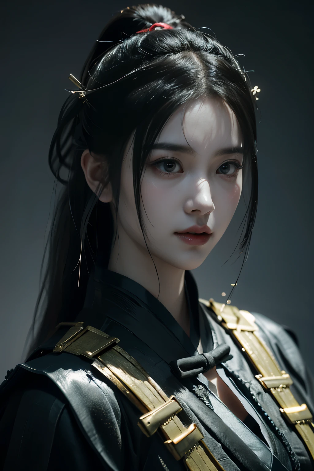 Game art，The best picture quality，Highest resolution，8K，(A bust photograph)，(Portrait from bust:1.5)，(Head close-up)，(Rule of thirds)，Unreal Engine 5 rendering works， (The Girl of the Future)，(Female Warrior)， 
20岁少女，(The warrior in ancient China)，(Short ponytail hairstyle)，An eye rich in detail，(Big breasts)，优雅高贵，冷漠，(Smile)，
(The costume of Chinese swordsman elements，Costumes of ancient Chinese characters，A random pattern of clothing，Ribbon，Joint Armor，Rich dress details)，(Chinese Hanfu:1.3)，人物，奇幻风格，
拍照姿势，野外背景，Movie lights，Ray tracing，Game CG，((3D Unreal Engine))，oc渲染反射纹