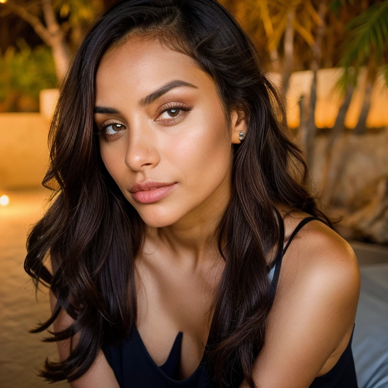 Hermosa morena con reflejos rubios, (22 years, rostro inocente, cabello ondulado natural, ojos azules), foto cruda 70mm (Retrato de cabeza y hombros), en la noche, mujer hermosa deseable, sujetador con transparencias deja entrever sus bonitos pechos naturales, Sharp focus, adentro, piel detallada, poros, arrugas, mirada seductora, mirada sexy provocativa, cuarto oscuro con una luz tenue, ambiente oscuro, ademas es modelo de only fans((cuerpo completo, tiro de cuerpo completo)), ((Todo el cuerpo)=