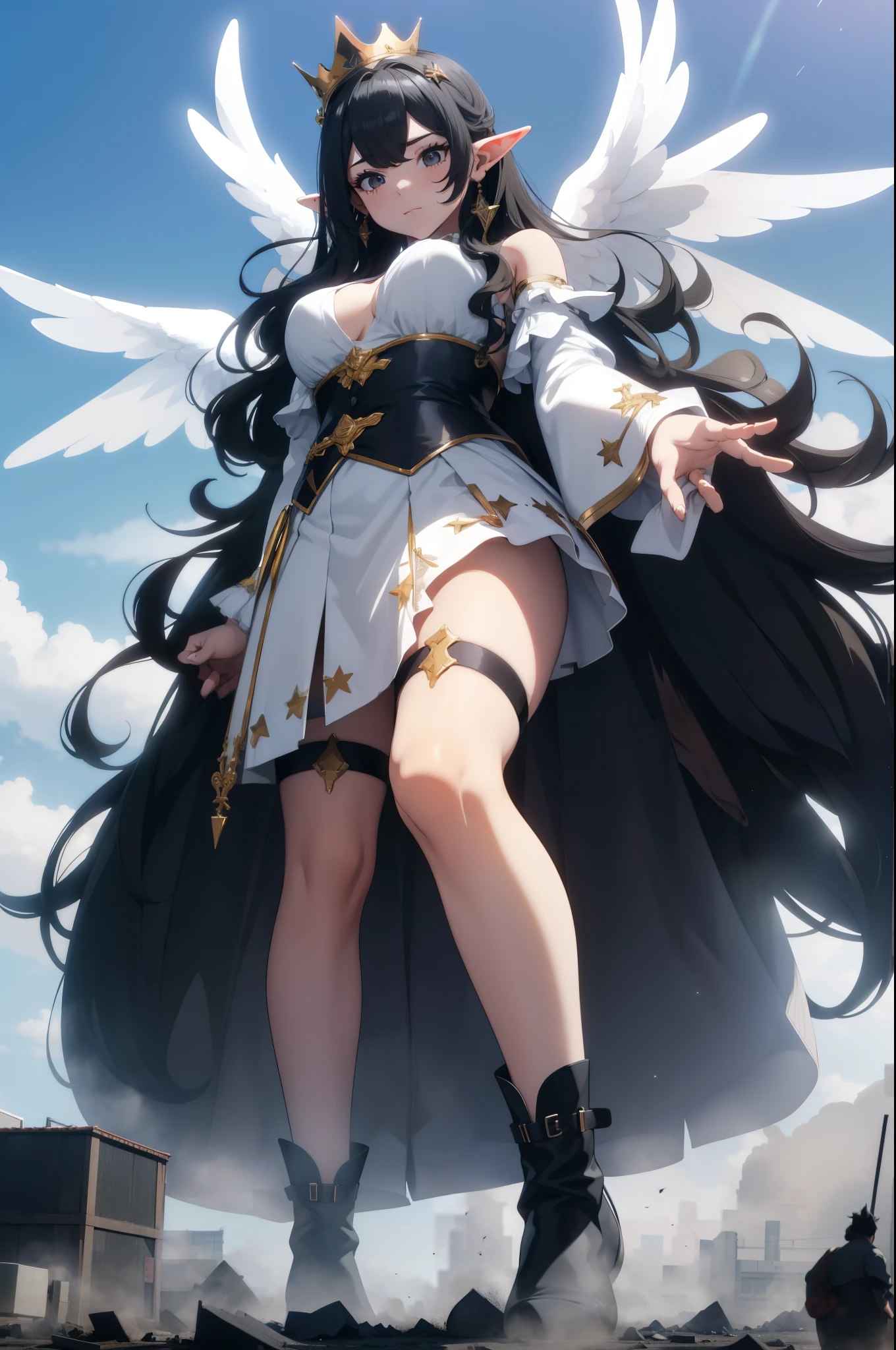 giant girl 50,000 feet high,Weight 1000kg,Has a pair of long legs,Open your eyes wide,Has three pairs of huge white angel wings,With huge devil horns on his head,Has nine fox tails,crown on head,Elf wearing white earrings,She has long black hair that reaches her feet,loose hair,Black wavy long curly hair,Wearing a pair of black boots,White sleeves,white skirt,Skirt with bow and star decorations,Destroying a small city,Beautiful appearance,Exquisite makeup,quality,8k,高quality,Perfect proportion, Cinema lighting,film grain,Fuji colors,8k,textured skin,Super details,high detail,high resolution,Domineering,Strong,charming,blood stains,脚底有blood stains,whole body,Obese,elf princess,feather,flowers