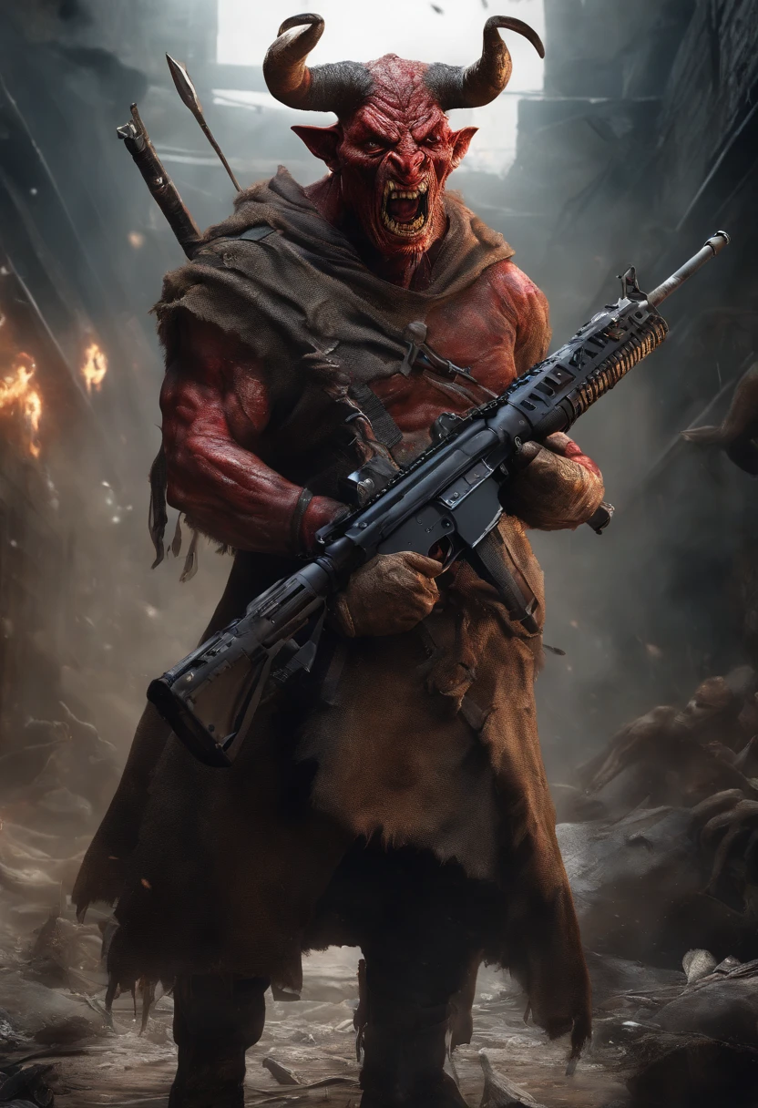 ((best quality)), (top quality)), (masterpiece), photorealistic, photorealism 16K, (16K), Fujifilm, A horned devils with a bloodied face and a bloodied head, (((STAR of KING DAVID on Chest))), ((ISRAEL FLAG)) , carnage, Sci - Horror Art of Fiction, Science fiction, ((FULL BODY SHOT)), ((Demolished building at the background)), devils male, in a combat pose, aiming an rifle, satan de carnage, horror realistic 4K, 16K, Detailed of 4k-16K , star of david on chest, horned,Highly Detailed, Photorealistic, High Resolution, Detailed Face, Looking directly at the camera, holding a rifle , Dark Fantasy Horror realistic CREATURE