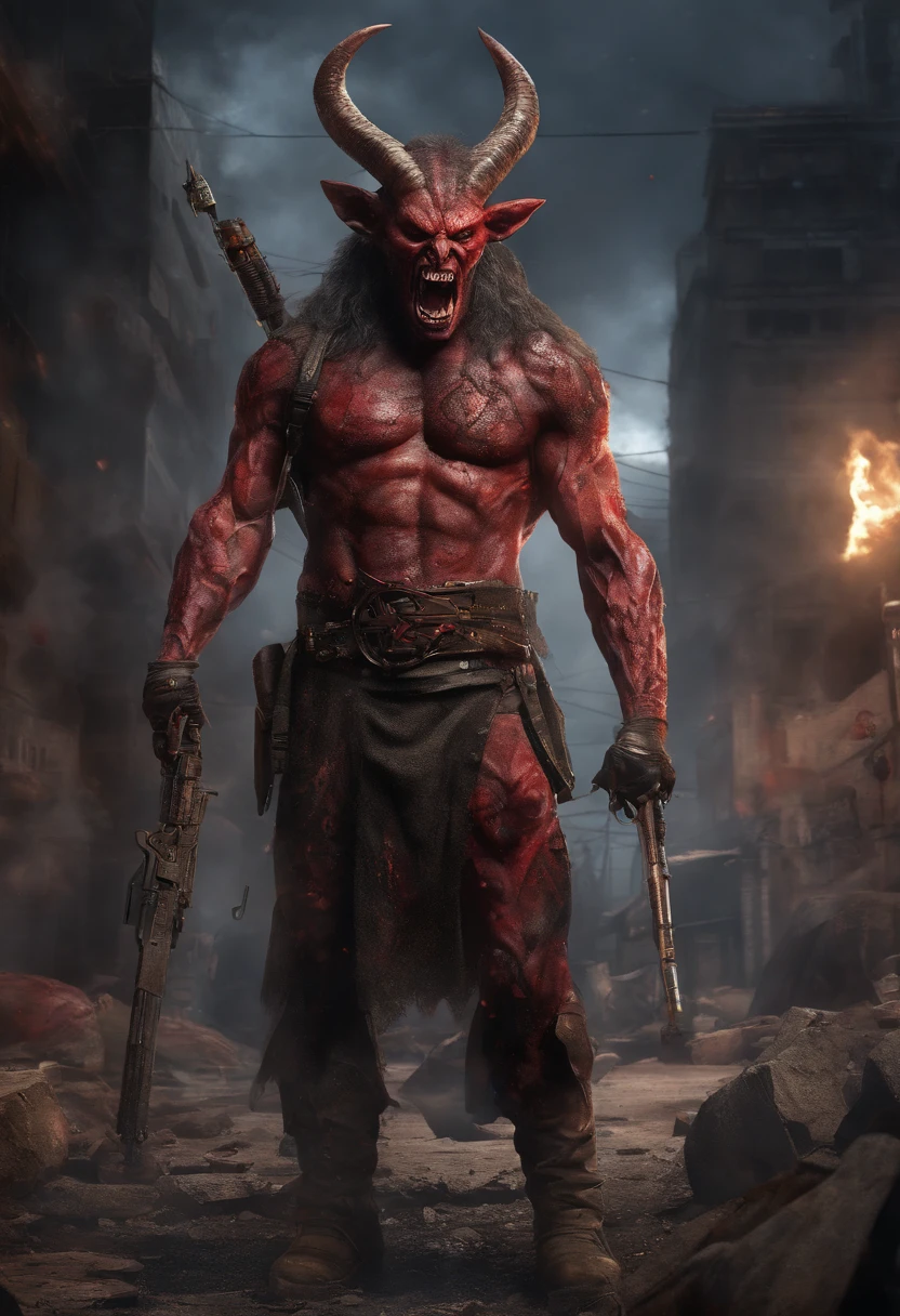 ((best quality)), (top quality)), (masterpiece), photorealistic, photorealism 16K, (16K), Fujifilm, A horned devils with a bloodied face and a bloodied head, (((STAR of KING DAVID on Chest))), ((ISRAEL FLAG)) , carnage, Sci - Horror Art of Fiction, Science fiction, ((FULL BODY SHOT)), ((Demolished building at the background)), devils male, in a combat pose, aiming an rifle, satan de carnage, horror realistic 4K, 16K, Detailed of 4k-16K , star of david on chest, horned,Highly Detailed, Photorealistic, High Resolution, Detailed Face, Looking directly at the camera, holding a rifle , Dark Fantasy Horror realistic CREATURE