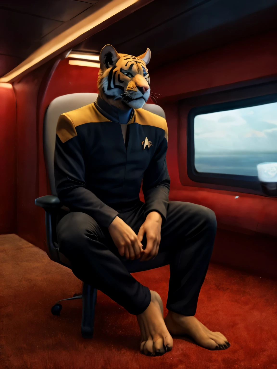 The barefoot white male tiger exudes confidence and authority as he sits in the captain's chair, and his red and black Star Trek Voyger uniform with the Starfleet Delta badge on his chest is a perfect match for his full figure. Handsome large clawed feet paws dominate the bridge of the ship and its crew. Long black pants and red and black shirt.