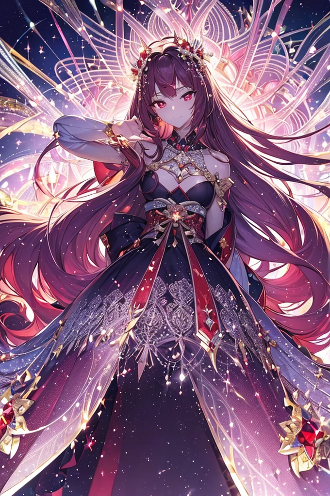 With garnet motif,Pretty, one person, red hair, ahoge, hair behind ear, hime cut, crystal hair, hair flower,water, pupils sparkling, diamond-shaped pupils, smile, Genre painting, sparkle, reflection light, move chart, anatomically correct, textured skin, super detail, high quality, highres,Fine-grained skin,The big picture,garnet-like beauty,It's like a jewel,Diamonds scattered around,Fine-grained light,masterpiece,bust,silk,mysterious,Detailed Hair++,Worthy of God,Reflected light,Composition in motion,Detailed clothing,Trending,Detailed pupils,dress,grey hair,Realistic light,profile,red,tachi-e, Fujifilm, from side,anatomically correct, award winning, high details, ccurate, UHD, tachi-e,light powder,garnet,(Detailed Hands)+,Japanese style,