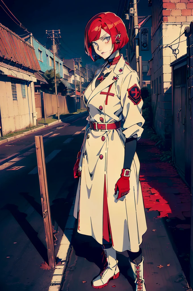 in the art style of persona5 and in the art style of street of rage 4, delinquent, (sukeban), mature_female, blush, mature, older woman, 25 years old, Sukeban teacher outfit, ((((1girl, solo female, solo, solo focus:1,9)))++++, choker, sukeban teacher, sukeban fighter, long_sleeves, open jacket, blue jacket,( jean)+++, light skin tone female, (full body)+++++, jacket, biker jacket, tape, arm_support, gloves, red_gloves, bridal gauntlets, nail polish, boots, black_footwear, fighter outfit, (full body)+++++++, hourglass, mature face, cheeky smile, cheeky face, wrinkles, (((((red hair, short hair, bob cut, earrings, ear piercings)))), red eyeighting art, Martial arts, standing, fighting_stance, fight, fighting), extra colors, 2D, megapixel, perfectionism, accent lighting, full HD , (Masterpiece:1.2), (full-body-shot:1),(cowboy shot:1.2), (Highly detailed:1.2),(anime Detailed Face:1.2), Colorful, A detailed eye, (Detailed landscape:1.2), (natural lighting:1.2), ((sukeban school teacher)) by Vincent Di Fate: Aidyllery, Anamorphic Shot, rule of thirds, face by Artgerm and WLOP, ((street of rage 4 city backround)), fictive city backround in the style art of street of rage 4,
