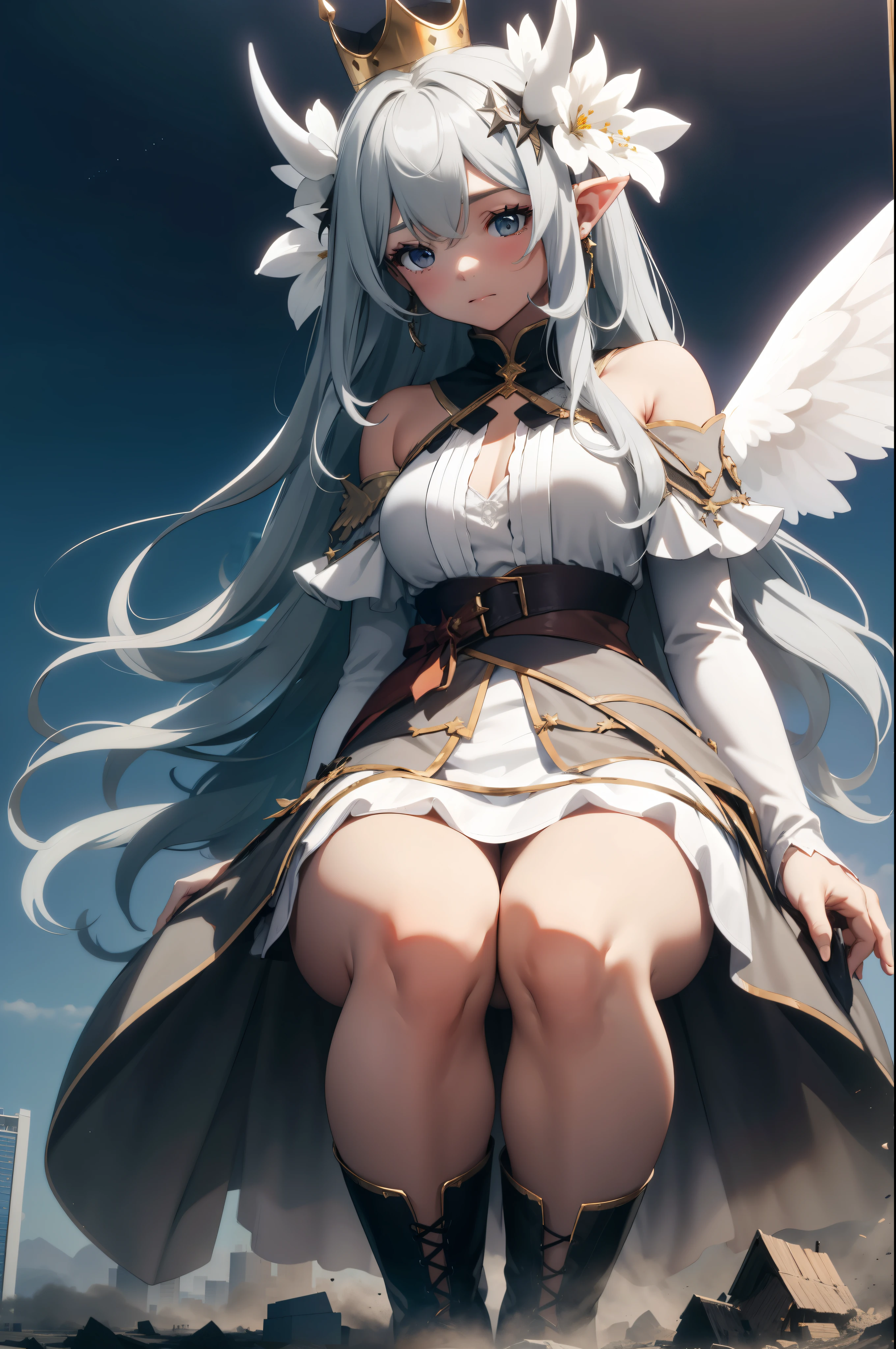 giant girl 50,000 feet high,Weight 1000kg,Have a pair of long legs,Keep your eyes open,Has three pairs of huge white angel wings,With huge devil horns on his head,wear a crown on your head,Elf wearing white earrings,She has long black hair that reaches her feet,loose hair,Black wavy long curly hair,Wearing a pair of black boots on her feet,white sleeves,white skirt,Bow and star embellished skirt,Destroy a small city,Beautiful appearance,Exquisite makeup,quality,8k,高quality,Perfect proportion, Cinema lighting,film grain,Fuji colors,8k,textured skin,Super details,high detail,high resolution,domineering,strong,charming,blood stains,脚底有blood stains,whole body,fat,elf princess,feather,flowers