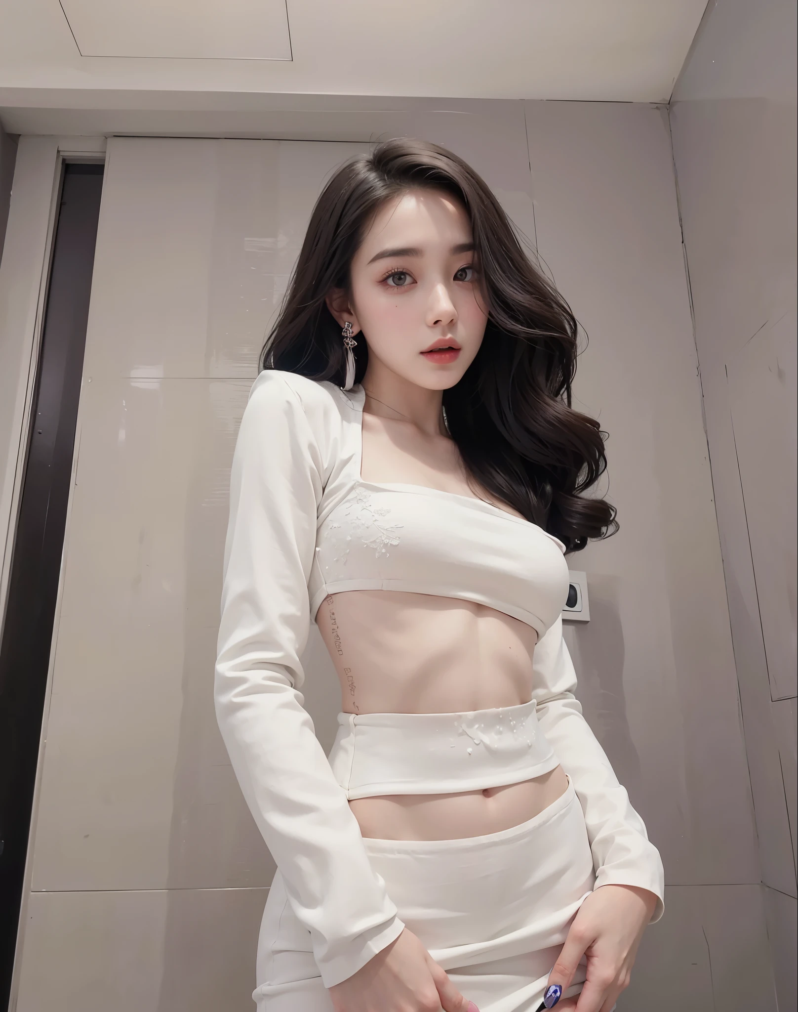 araffe woman in white dress posing in a bathroom, smooth white tight clothes suit, dilraba dilmurat, trending at cgstation, in white clothes, trending on cgstation, porcelain white skin, korean girl, pale snow white skin, pale milky white porcelain skin, gorgeous chinese model, milky white skin, her belly button is exposed