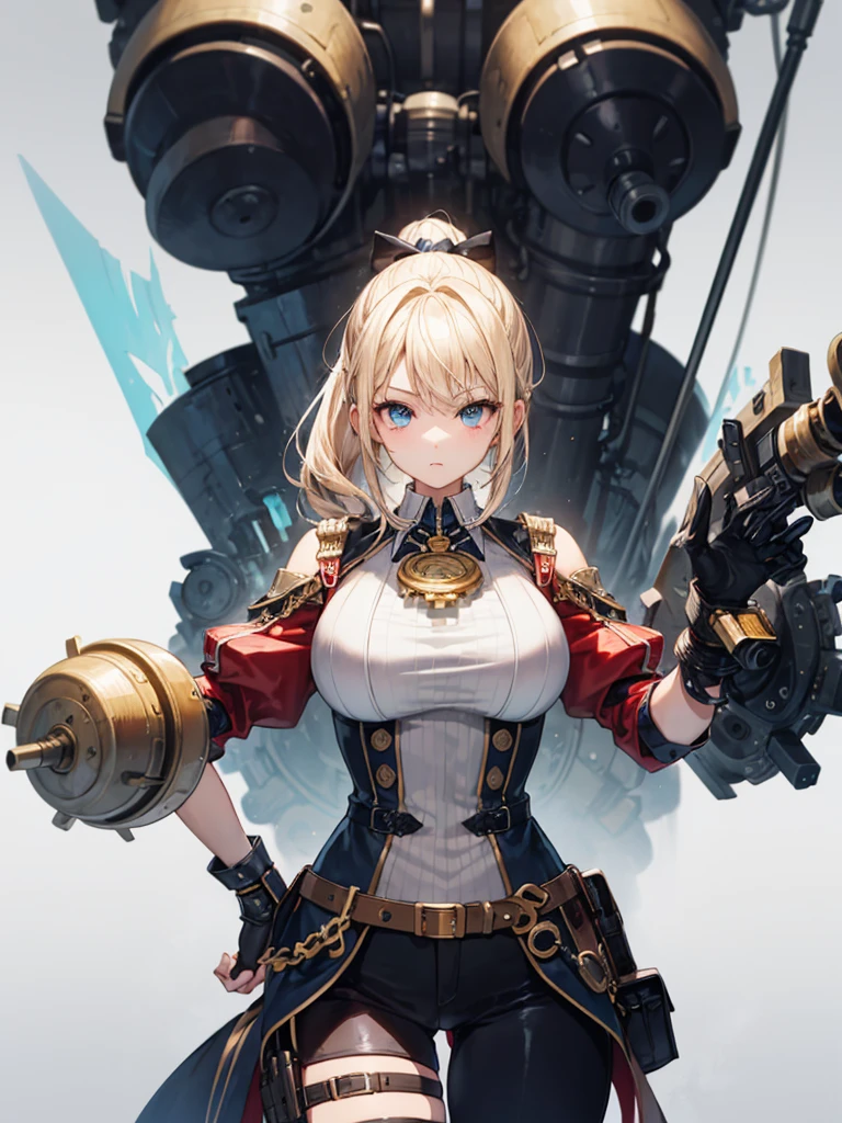 （（（masterpiece、Highest image quality、highest quality、highly detailed unity 8ｋwallpaper）））、（（Illustration of one girl、upper body））、（（（beautiful girl）））、（female pirate）、（blonde、short ponytail、light blue eyes）、（（（steampunk prosthetic arm）））、（（tall））、bulky figure, massive frame, thick neck, sturdy arms, powerful legs、captain&#39;s suit