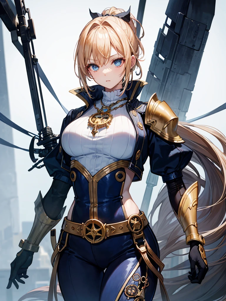 (((masterpiece、Highest image quality、highest quality、highly detailed unity 8kwallpaper)))、((Illustration of one girl、upper body))、(((beautiful girl)))、(female pirate)、(blonde、short ponytail、light blue eyes)、(((steampunk prosthetic arm)))、((tall))、bulky figure, massive frame, thick neck, sturdy arms, powerful legs、captain's suit