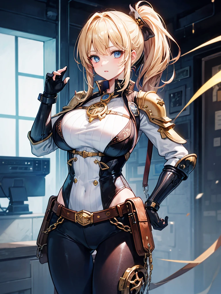 （（（masterpiece、Highest image quality、highest quality、highly detailed unity 8ｋwallpaper）））、（（Illustration of one girl、upper body））、（（（beautiful girl）））、（female pirate）、（blonde、short ponytail、light blue eyes）、（（（steampunk prosthetic arm）））、（（tall））、bulky figure, massive frame, thick neck, sturdy arms, powerful legs、captain&#39;s suit