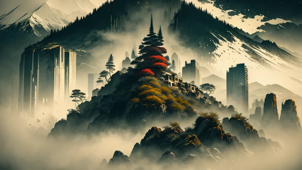 abstract colors, texture, film grain, skin pores:0.2 (tilt shift photography)1.2, intricate dramatic portrait of a beautiful (windblown)1.2 scifi steampunk (medieval fantasy magical christmas tree)1.2 on top of a rocky mountain overlooking a futuristic (solarpunk)1.2 city, foggy morning, cinematic movie still frame, blade runner 2049, punk hair style, altered carbon, (analog style)1.3 (film grain)1.3, (best quality, high quality, absurdres, intricate detail, masterpiece, cinematic), highly detailed, motion blur, film grain, noise, lens effects,
