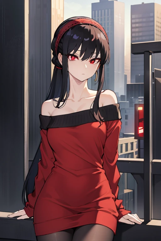 yorbriar, Yor Briar, black hair, (red eyes:1.5), earrings, gold hair band, hair band, long hair, side lock,
break bare shoulders, clavicle, dress, long sleeve, off shoulder, off-shoulder dress, off-shoulder sweater, pantyhose, red sweater, sweater, sweater dress, thighs,
break outdoors, city,
break looking at viewer, 
break (masterpiece:1.2), highest quality, High resolution, unity 8k wallpaper, (shape:0.8), (beautiful and detailed eyes:1.6), highly detailed face, perfect lighting, Very detailed CG, (perfect hands, perfect anatomy),