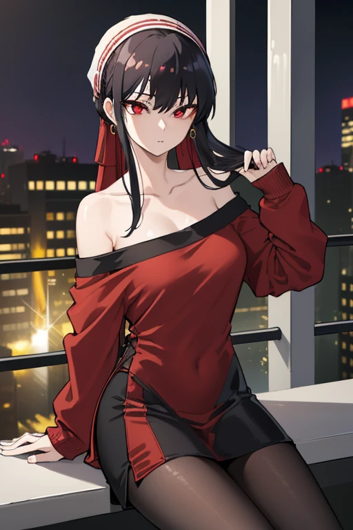 yorbriar, Yor Briar, black hair, (red eyes:1.5), earrings, gold hair band, hair band, long hair, side lock,
break bare shoulders, clavicle, dress, long sleeve, off shoulder, off-shoulder dress, off-shoulder sweater, pantyhose, red sweater, sweater, sweater dress, thighs,
break outdoors, city,
break looking at viewer,
break (masterpiece:1.2), highest quality, High resolution, unity 8k wallpaper, (shape:0.8), (beautiful and detailed eyes:1.6), highly detailed face, perfect lighting, Very detailed CG, (perfect hands, perfect anatomy),