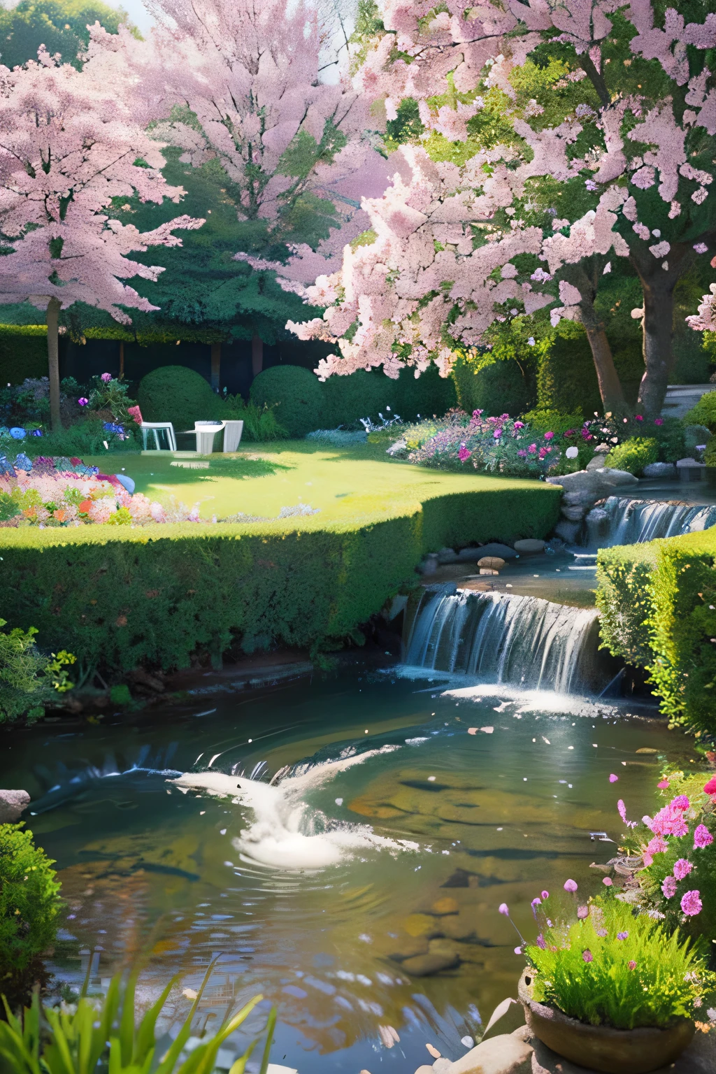 Pixelart generates images of beautiful and peaceful gardens, with colorful flowers, gentle stream, and the sounds of nature. Show tranquility, Life, and the beauty of a perfect day.