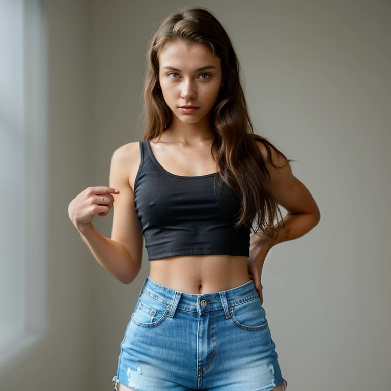 a close up of a woman in a crop top and skin tight Jean shorts posing for a picture, 2 4 year old female model, gorgeous young model, sexy look at the camera, fit pic, beautiful body and face, tiny black bra, flat chested, very sexy pose, she is about 1 , 18 years old, sexy body and face, sexy pose