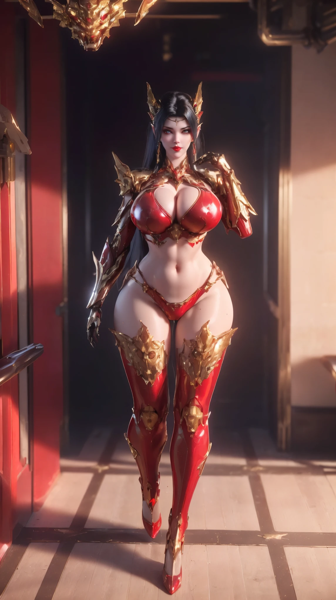 UPPER BODY,CLOSE UP HALF BODY,SOLO,(BEAUTY BKACK COLOR HAIR,GOLDEN DRAGON HORN:1), (HUGE ,BUSTY MILF,CLEAVAGE,MUSCLE ABS,NSFW:1.5), ((WEARING OUTFIT RED,BLACK SHINY MODERN FUTURISTIC MECHA SKIMPY BIKINI:1.5)),(CURVY VOLUPTUOUS BODY MATURE WOMAN:1.5), (SWEATY GLOSSY BODYSKIN:1.5), (LOOKING AT VIEWER:1.6),(HALLROOM OF FUTURISTIC SPACE STATION:1), (PHOTOREALSITIC:1.4), (ULTRA-DETAILLIERT), (TOP-QUALITY), (BEST SHADOWS), (MASTERPIECE), BRIGHT LIGHT IN ROOM, HYPER TEXTURE, (4X MSAA), ((UNREAL ENGINE 5 RENDER)), PHYSICALLY-BASED RENDERING, ULTRA HIGHT DEFINITION, 16K, 1080P.
