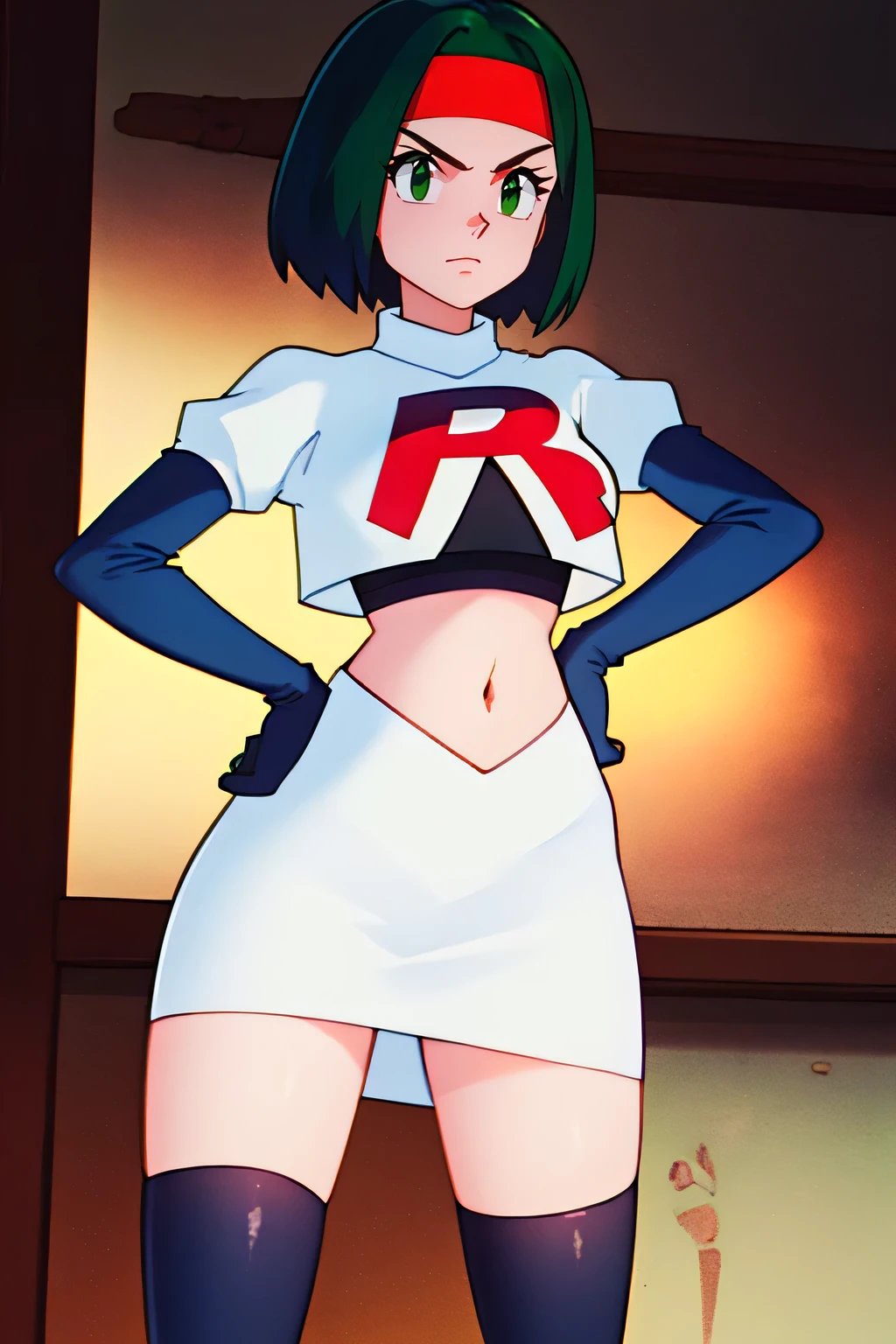 Erik, headband, short hair, green eyes, blue hair ,team rocket uniform, red letter R, white skirt,white crop top,black thigh-high boots, black elbow gloves, glare, looking at viewer, cowboy shot, hands on hips,