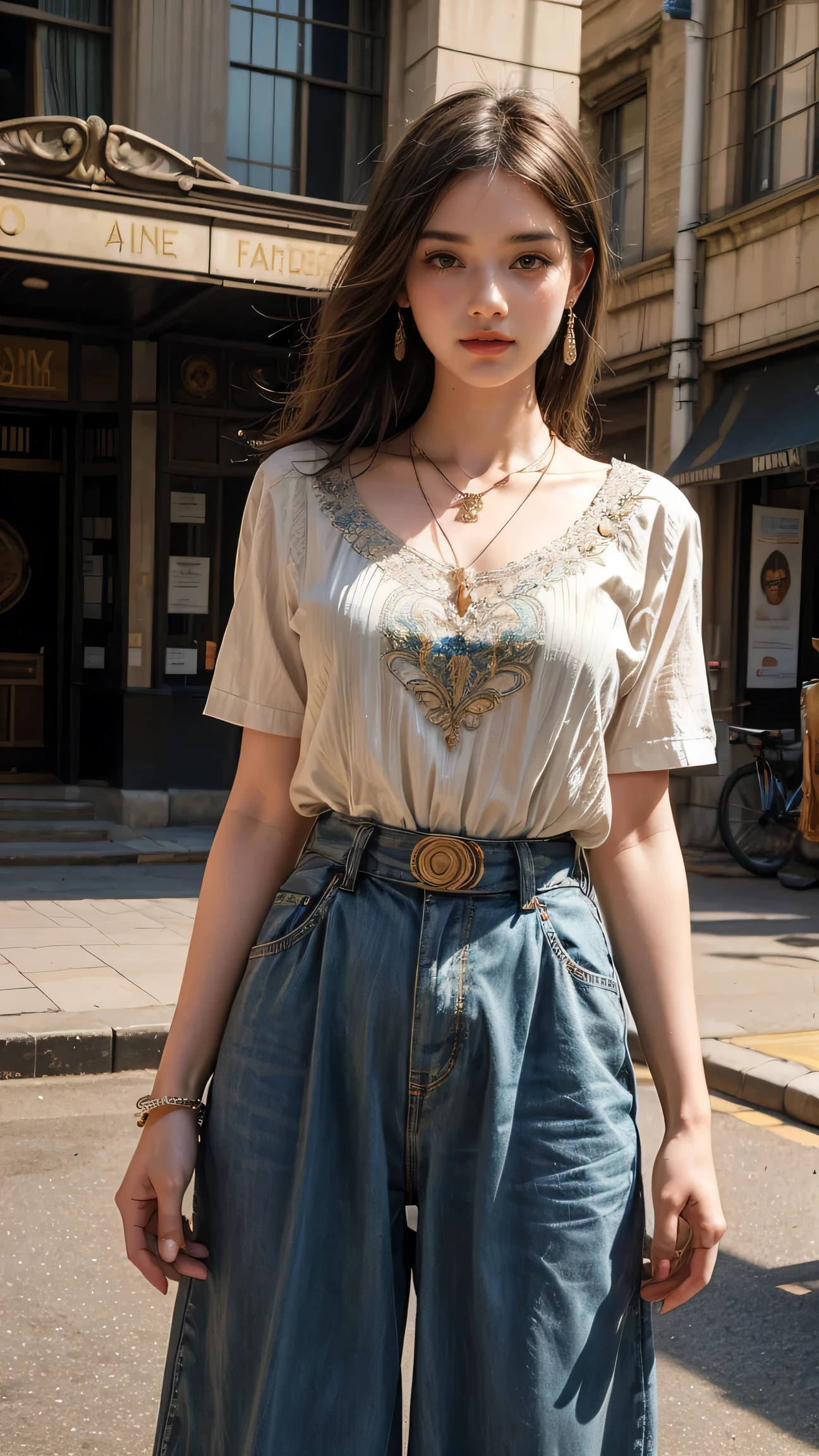 official art, unity 8k wallpaper, Super detailed, beautiful and aesthetic, masterpiece, highest quality, realistic,  20 years, beautiful girl, 

( She wears a glamorous black dress with intricate Art Deco embroidery。, art deco hair ornament with golden thread, giant art deco necklace, art deco earrings. ), 
In front of an art deco shop in a European alley, (Pose the model)
