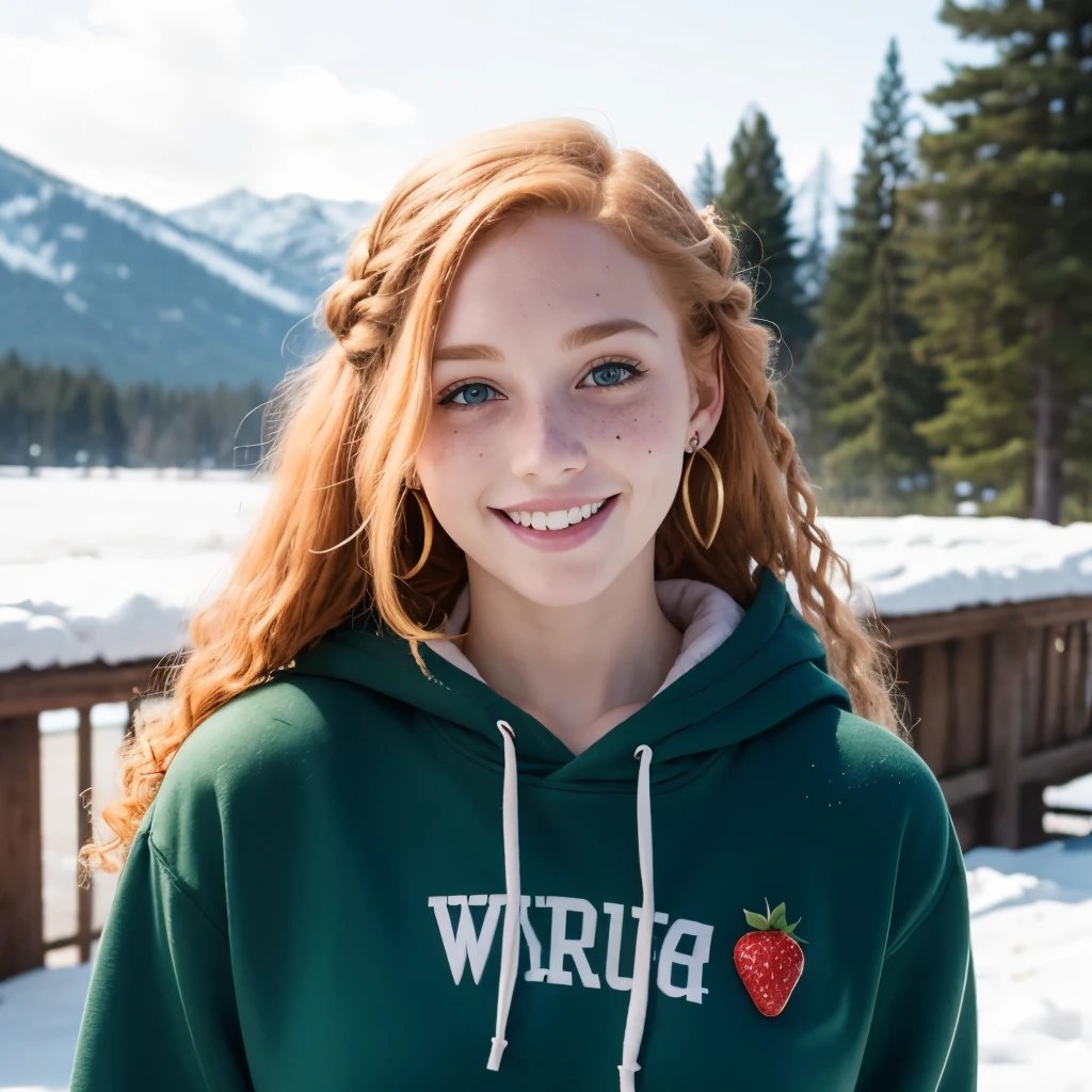 Full-body image, Girl with curly strawberry blonde hair, beautiful face, hair braid, pierced ears, earrings, freckles, pale skin, smiling, gigantic breasts, winter park background, hoodie and jeans, green eyes, teenager, short, young