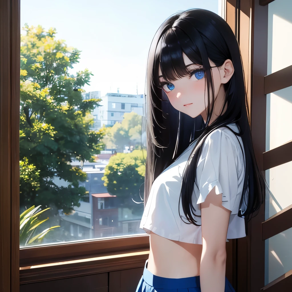 absurderes, ultra-detailliert,bright colour,(in 8K:1.3),masuter piece,extremely beautiful detailed face and eyes, 25 years old,(Smooth straight black hair:1.3), (Shiny long hair:1.2),(Pattsun bangs:1.2) Delicate beautiful face, red blush、(Deep blue eyes:1 white crop top and blue short skirt:1.3), at the hallway, night time, park, Natural Nice Spot, standing, Detailed face,beside the window touching the window, looking at the stars