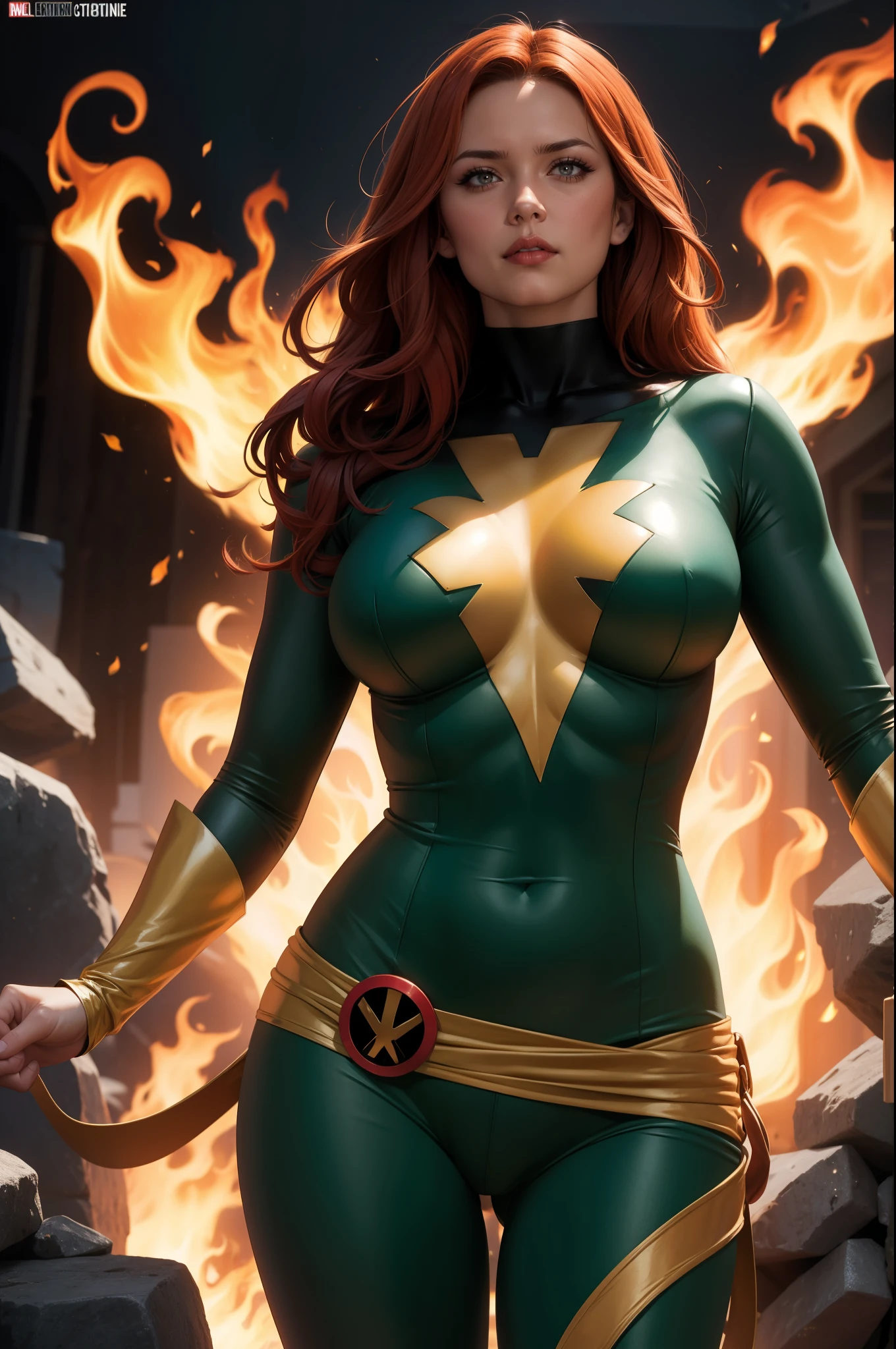 Jeangrey,X-men,Pheonixcostume,superhero,vibrantcolors,fierceexpression,detailedeyes,longredhair,burningflames,telekinesis,emotional,intensebattle,mysticalbackground,bestquality,highreshighlightedoutline,comicbookstyle,widescreenformat,contrastadjusted,hdr,crispdetails,energeticlighting, large breasts, sexy