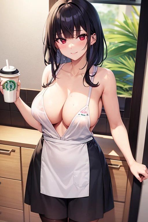 gil naked but with a Starbucks apron with e cup breast with red eyes and black hair