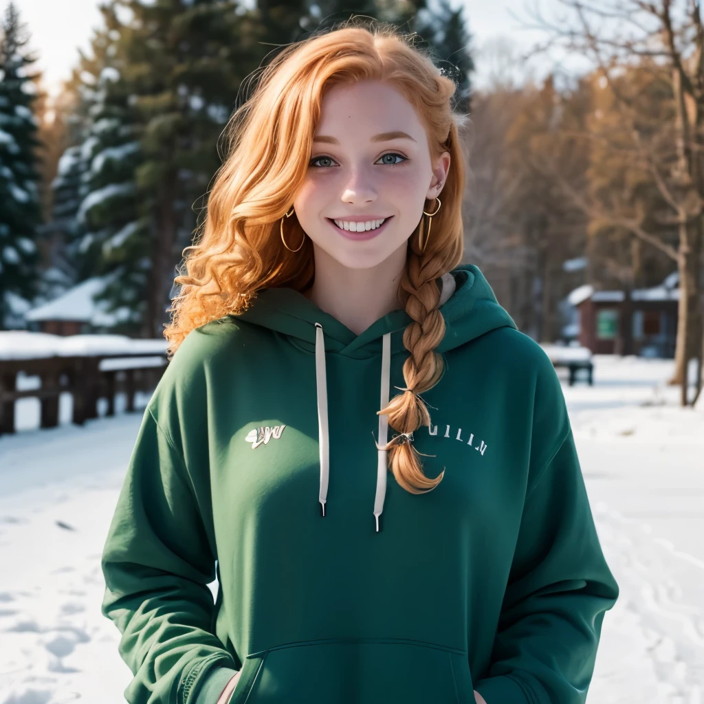 Full-body image, Girl with curly strawberry blonde hair, beautiful face, hair braid, pierced ears, earrings, freckles, pale skin, smiling, gigantic breasts, winter park background, hoodie and jeans, green eyes, ager, short, young