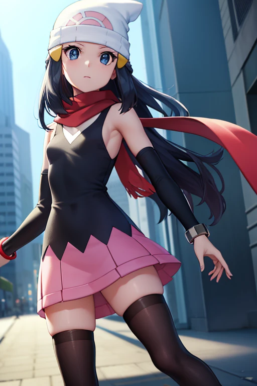 pokemon dawn, Pokemon Dawn, black hair, blue eyes, side lock, long hair, (small breasts:1.2),
break bare shoulders, beanie, black shirt, black socks, bracelet, have, jewelry, knee high, miniskirt, pink skirt, red scarf, scarf, shirt, skirt, No sleeve, No sleeve shirt, white hat,
break looking at viewer, Upper body,
break outdoors, city, null,
break (masterpiece:1.2), highest quality, High resolution, unity 8k wallpaper, (figure:0.8), (beautiful and fine eyes:1.6), highly detailed face, perfect lighting, Very detailed CG, (perfect hands, perfect anatomy),