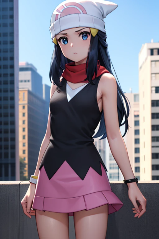 pokemon dawn, Pokemon Dawn, black hair, blue eyes, side lock, long hair, (small breasts:1.2),
break bare shoulders, beanie, black shirt, black socks, bracelet, have, jewelry, knee high, miniskirt, pink skirt, red scarf, scarf, shirt, skirt, No sleeve, No sleeve shirt, white hat,
break looking at viewer, Upper body,
break outdoors, city, null,
break (masterpiece:1.2), highest quality, High resolution, unity 8k wallpaper, (figure:0.8), (beautiful and fine eyes:1.6), highly detailed face, perfect lighting, Very detailed CG, (perfect hands, perfect anatomy),