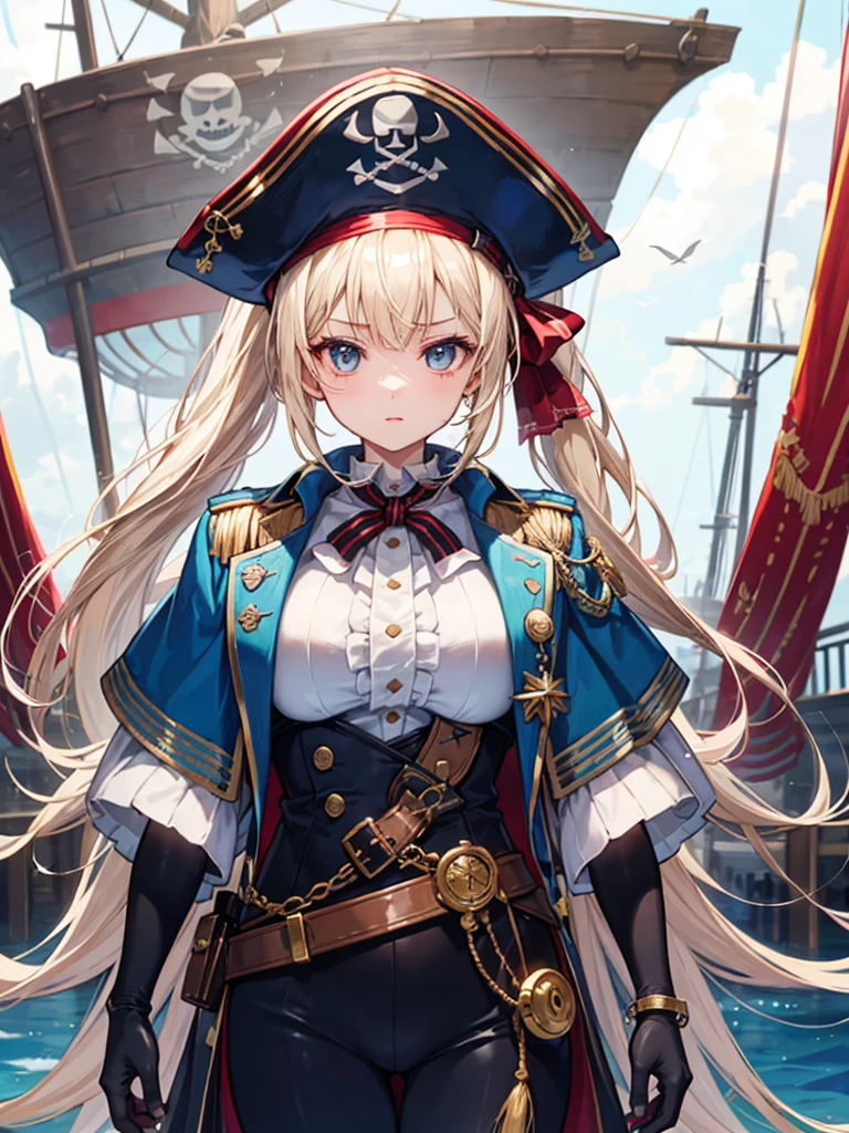 (((masterpiece、Highest image quality、highest quality、highly detailed unity 8kwallpaper)))、((Illustration of one girl、upper body))、(((beautiful girl)))、(fantasy、female pirate)、(blonde、short ponytail、light blue eyes)、(((prosthetic hand、スチームパンク風のprosthetic hand)))、((tall))、bulky figure, massive frame, thick neck, sturdy arms, powerful legs、(captain's suit、Pirate hat)、pirate ship、sailboat