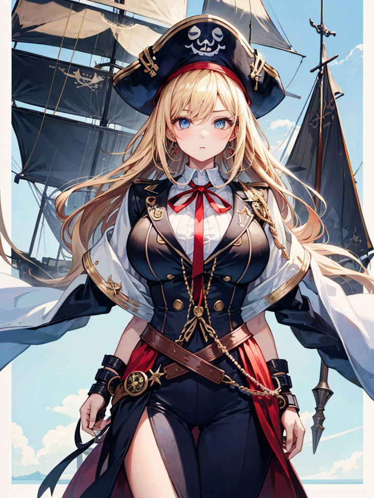 （（（masterpiece、Highest image quality、highest quality、highly detailed unity 8ｋwallpaper）））、（（Illustration of one girl、upper body））、（（（beautiful girl）））、（fantasy、female pirate）、（blonde、short ponytail、light blue eyes）、（（（prosthetic hand、スチームパンク風のprosthetic hand）））、（（tall））、bulky figure, massive frame, thick neck, sturdy arms, powerful legs、（captain&#39;s suit、Pirate hat）、pirate ship、sailboat