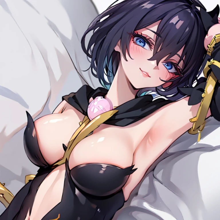Black hair, blue eyes, sexy, large breasts, beautiful body, masterpiece, bed, smile