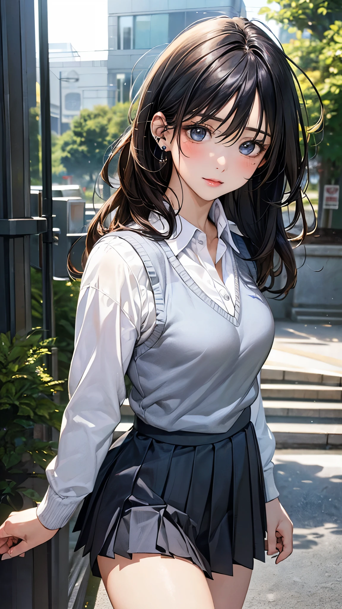 (masterpiece:1.2, top-quality), (realistic, photorealistic:1.4), beautiful illustration, (natural side lighting, movie lighting), 
looking at viewer, cowboy shot, front view, 1 girl, japanese, high school girl, perfect face, cute and symmetrical face, shiny skin, babyface, 
(middle hair, messy hair, black hair), hair between eyes, blue eyes, (middle breasts, seductive thighs, big ass), piercings, 
beautiful hair, beautiful face, beautiful detailed eyes, beautiful clavicle, beautiful body, beautiful chest, beautiful thigh, beautiful legs, beautiful fingers, 
((long sleeve white collared shirts, grey pleated mini skirt)), , light blue knitted vest, 
(beautiful scenery), evening, park, walking, (lamentation), 