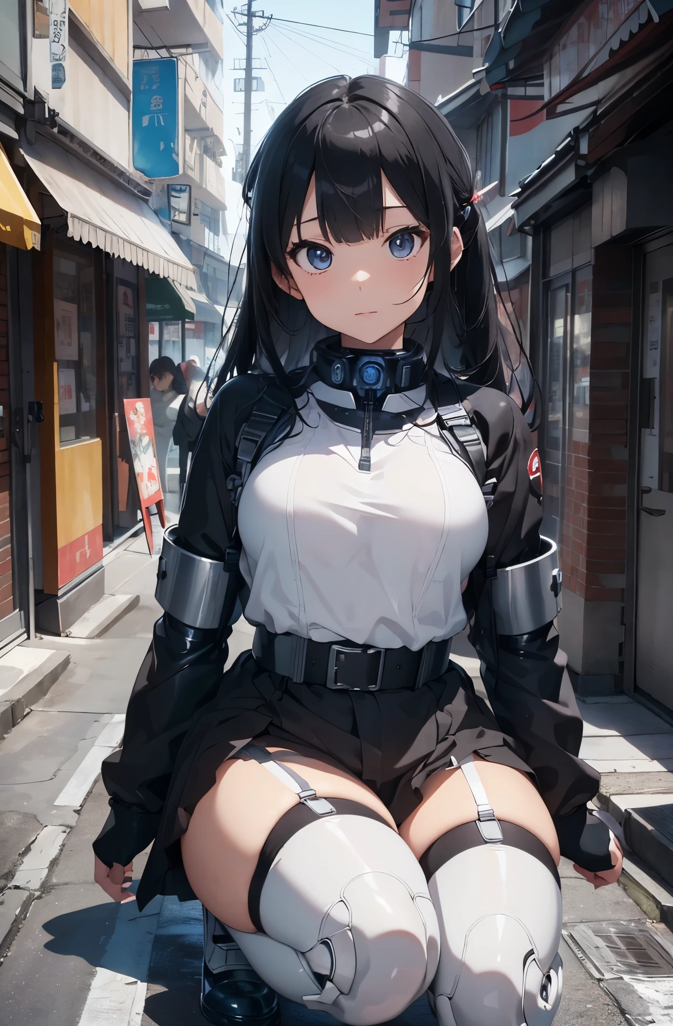 masterpiece, best quality, extremely detailed, (8K, 4K, Best Quality, hight resolution, 超A high resolution:1.1)Japanese android woman,Plump , announcer,control panels,activate,Squat,android,droid,Mechanical Hand,Robot arms and legs, Black Robot Parts,black hair,darkblack knee high socks,black sponge joints,blunt bangs,white robot body,ceramic body,jockey boots,perfect cyborg girl,
