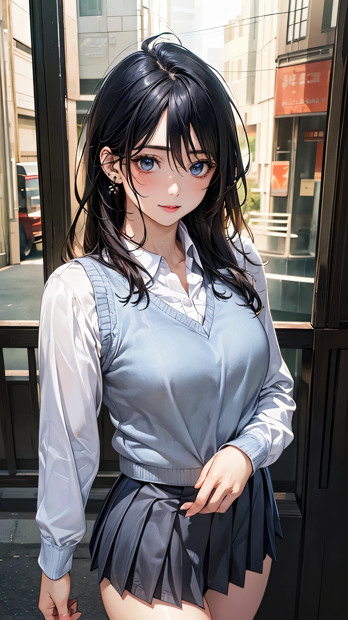 (masterpiece:1.2, top-quality), (realistic, photorealistic:1.4), beautiful illustration, (natural side lighting, movie lighting), 
looking at viewer, cowboy shot, front view, 1 girl, japanese, high school girl, perfect face, cute and symmetrical face, shiny skin, babyface, 
(middle hair, messy hair, black hair), hair between eyes, blue eyes, (middle breasts, seductive thighs, big ass), piercings, 
beautiful hair, beautiful face, beautiful detailed eyes, beautiful clavicle, beautiful body, beautiful chest, beautiful thigh, beautiful legs, beautiful fingers, 
((long sleeve white collared shirts, grey pleated mini skirt)), , light blue knitted vest, 
(beautiful scenery), evening, park, walking, (lamentation), 