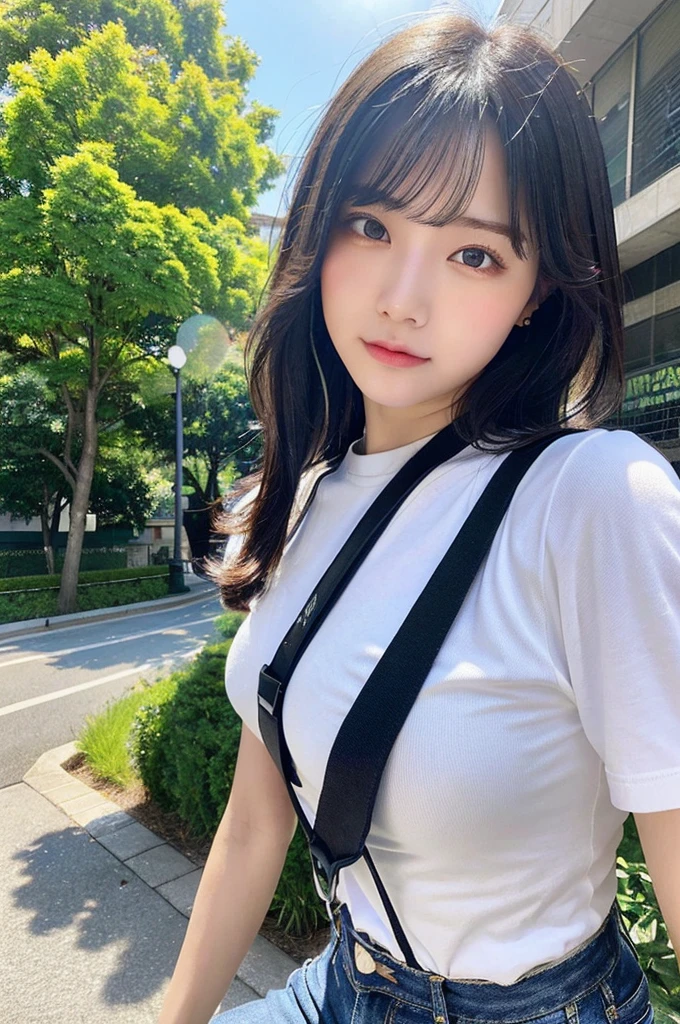 masterpiece、highest quality、Ultra - High resolution、、Colorful、flat color、Depth of bounds written、girl with lens flare 1、、black haired、looking at the viewer holster police officer Black Cutter Shirt internal suspenders social person materia OL glare big and full breasts gender jeans Waiting for facesitting to start armpit sweat Sweat sides of both hands