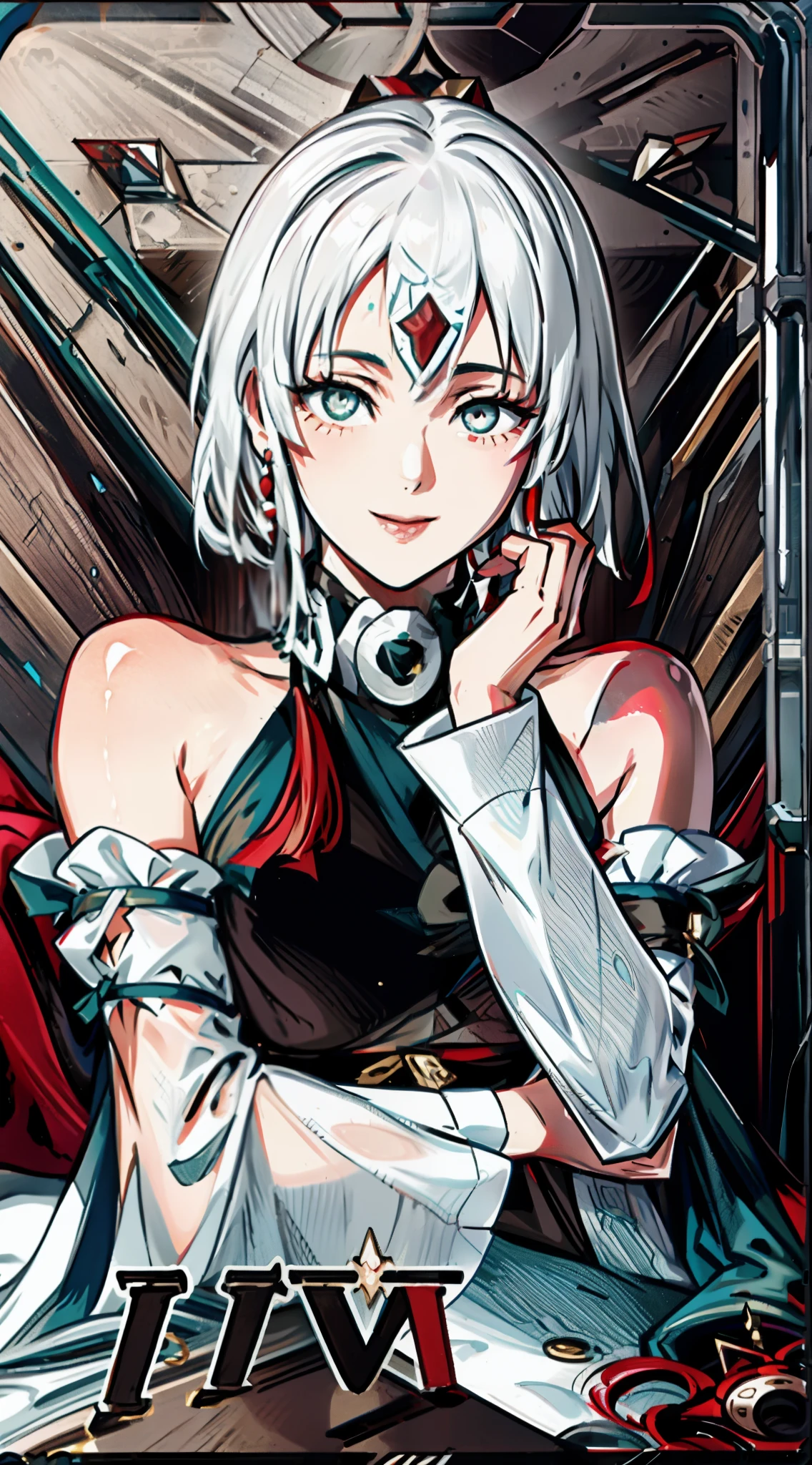 (original character with design composite of Fubuki Kafka Xueyi and Miku Nakano hair and face), large breasts, ((bare forehead)), detached sleeves, white and red dress, (white hair), white and red hair, 1girl, solo, upper body, facing viewer, looking at viewer, smile, 