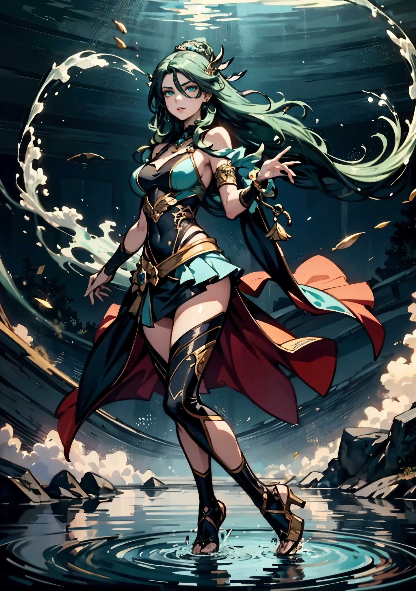 A beautiful woman with cascading waves of aqua-blue long hair, exquisite facial features, a melancholic expression, delicate and bright eyes, skin as smooth and radiant as polished jade, her slender and graceful figure dances like water splashes in the wind, a splendid fantasy-style islander ethnic costume, a short skirt resembling ocean waves, her slender legs leap lightly above the water surface, surrounded by splashing droplets that dance in the air, this character embodies a finely crafted fantasy-style female dancer in anime style, exquisite and mature manga art style, high definition, best quality, highres, ultra-detailed, ultra-fine painting, extremely delicate, professional, anatomically correct, symmetrical face, extremely detailed eyes and face, high quality eyes, creativity, RAW photo, UHD, 8k, Natural light, cinematic lighting, masterpiece-anatomy-perfect, masterpiece:1.5