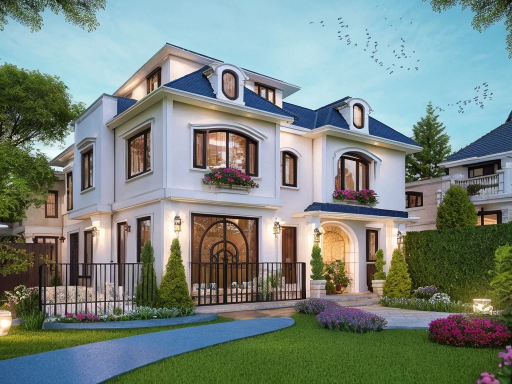 (Neoclassic  house ,close houses and trees), (Neoclassic  style architecture) daylight ( best quality) ((high solution)) ,(( photo realistic)) ,warm light,  soft lighting, warm atmosphere,high Resolution, hyper detailed,4k ,vray render, octane render, hyper realistic, photography expert ,exterior design , professional photography, exterior photography,wide-angle shot , ultra detail , high Resolution , full frame, full body