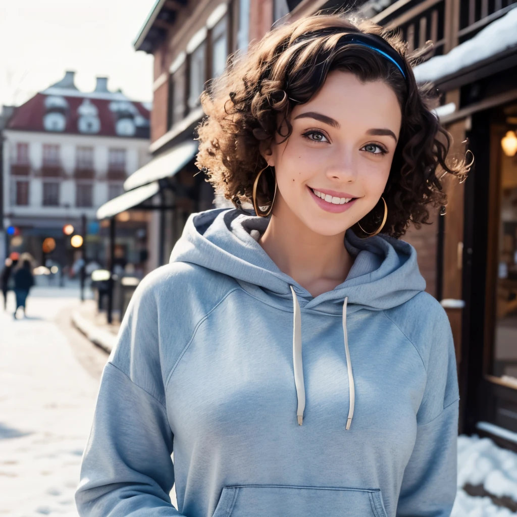 Full-body image, Girl with curly short brown hair, headband, beautiful face, pierced ears, earrings, freckles, smiling, large breasts, winter park background, hoodie and jeans, blue eyes, short, young, 